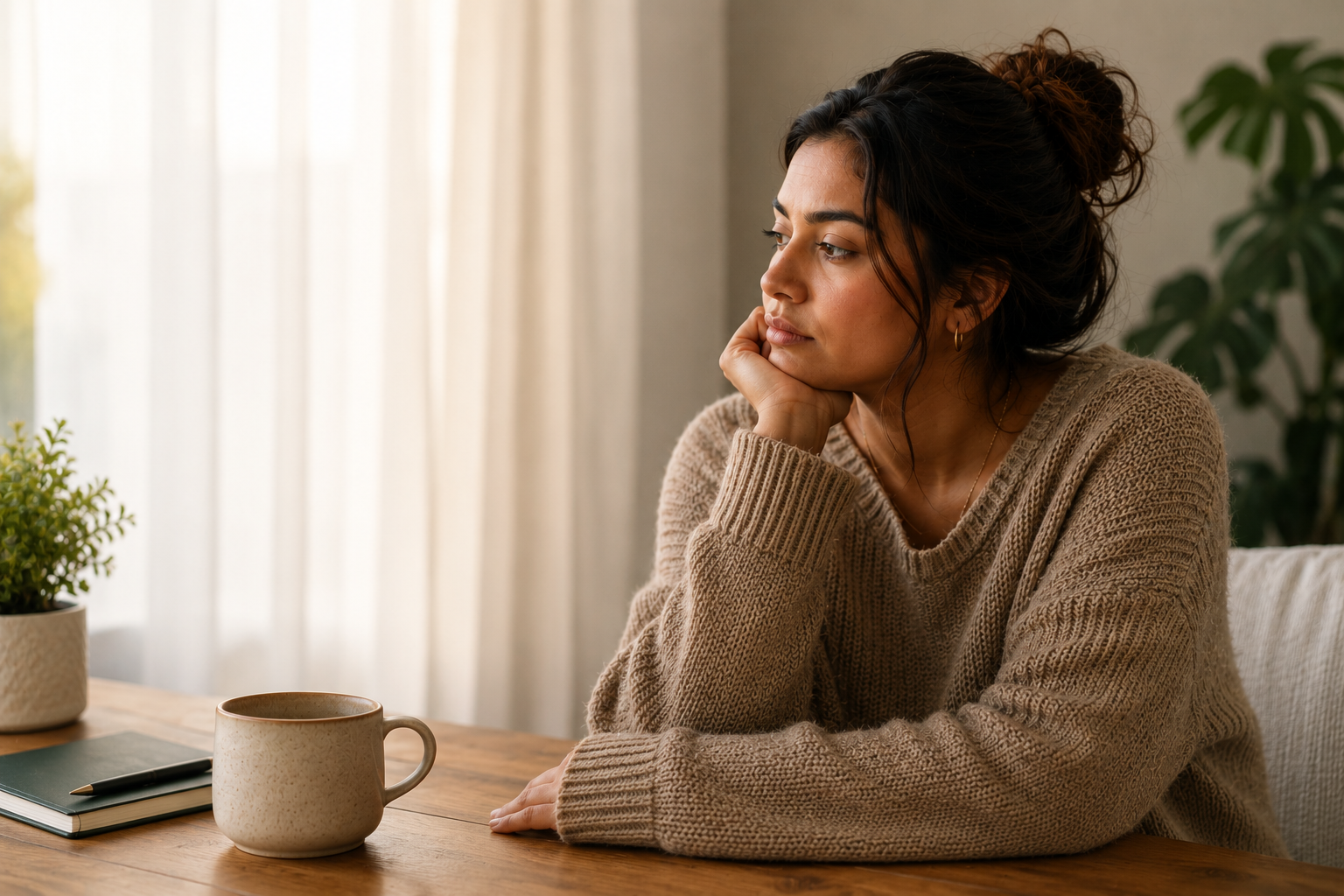 Woman sitting quietly at a table looking mentally and emotionally exhausted, representing chronic stress, overthinking, and emotional overwhelm in Chicago