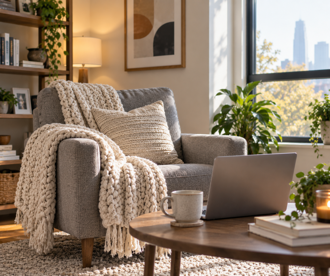 Cozy gray chair with a laptop nearby, representing the comfort and convenience of online therapy from home in Illinois.