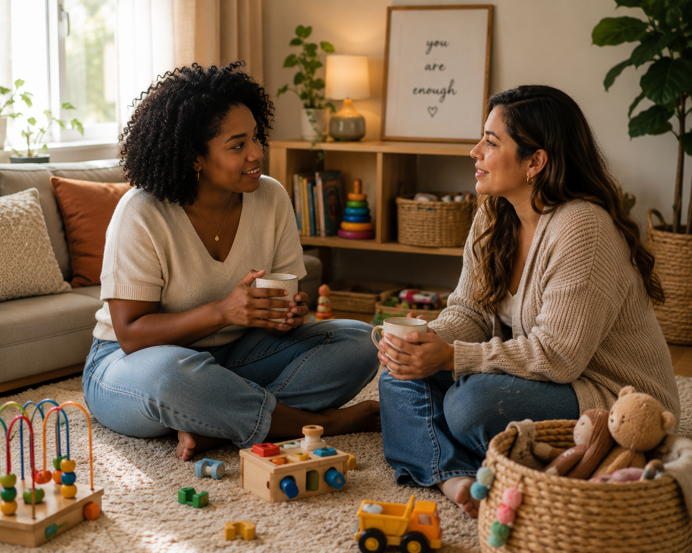 Two mothers having a supportive conversation about parenting, stress, and the emotional demands of raising children.