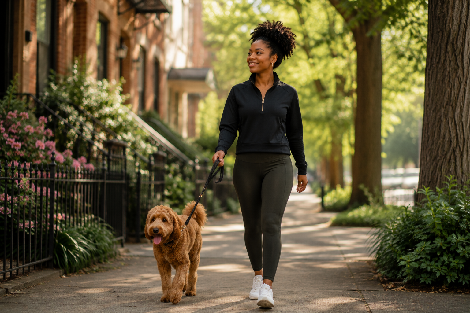 Black woman walking her dog outdoors, representing balance, self-care, stress relief, and prioritizing her well-being during a season of healing and growth