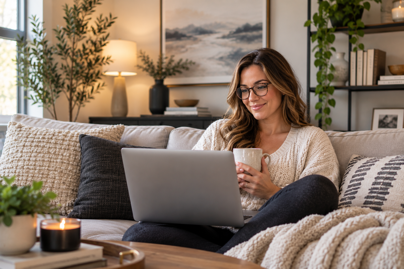 Woman at home talking with her therapist during an online therapy session for burnout and chronic stress in Illinois