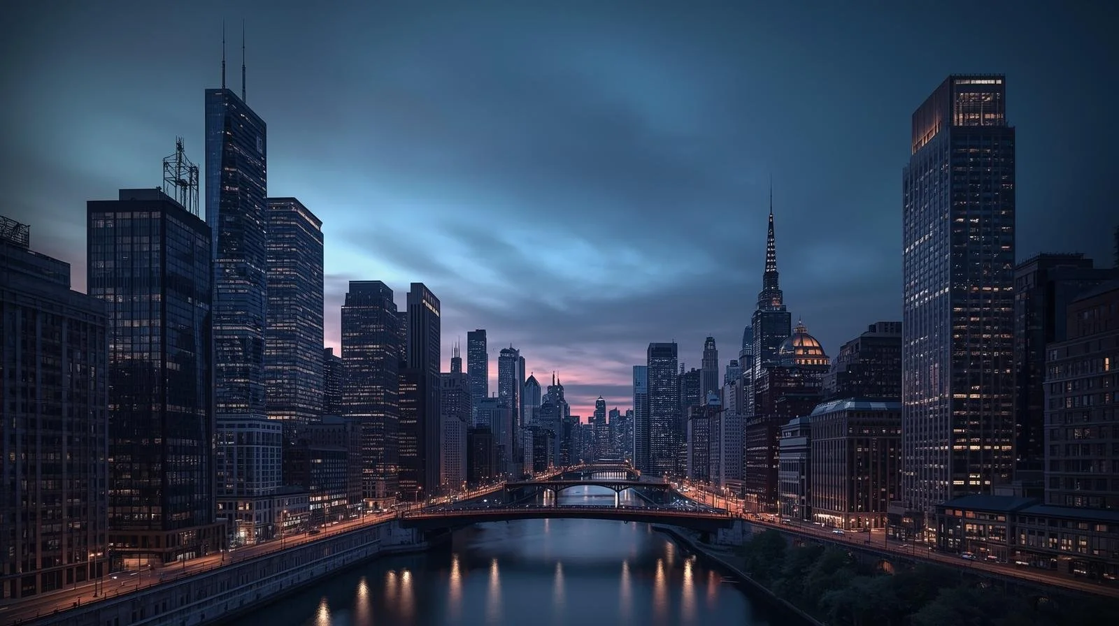 Chicago skyline at night, representing online therapy available across Illinois