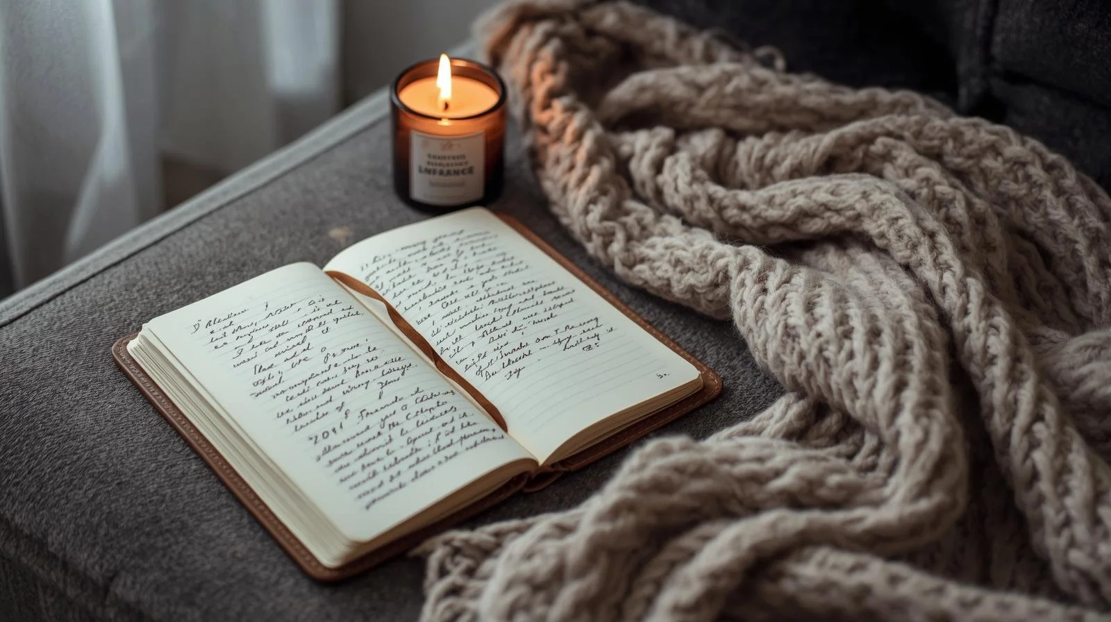 A candle, book, and blanket arranged on a couch in warm lighting, representing calm, grounding, and emotional peace.