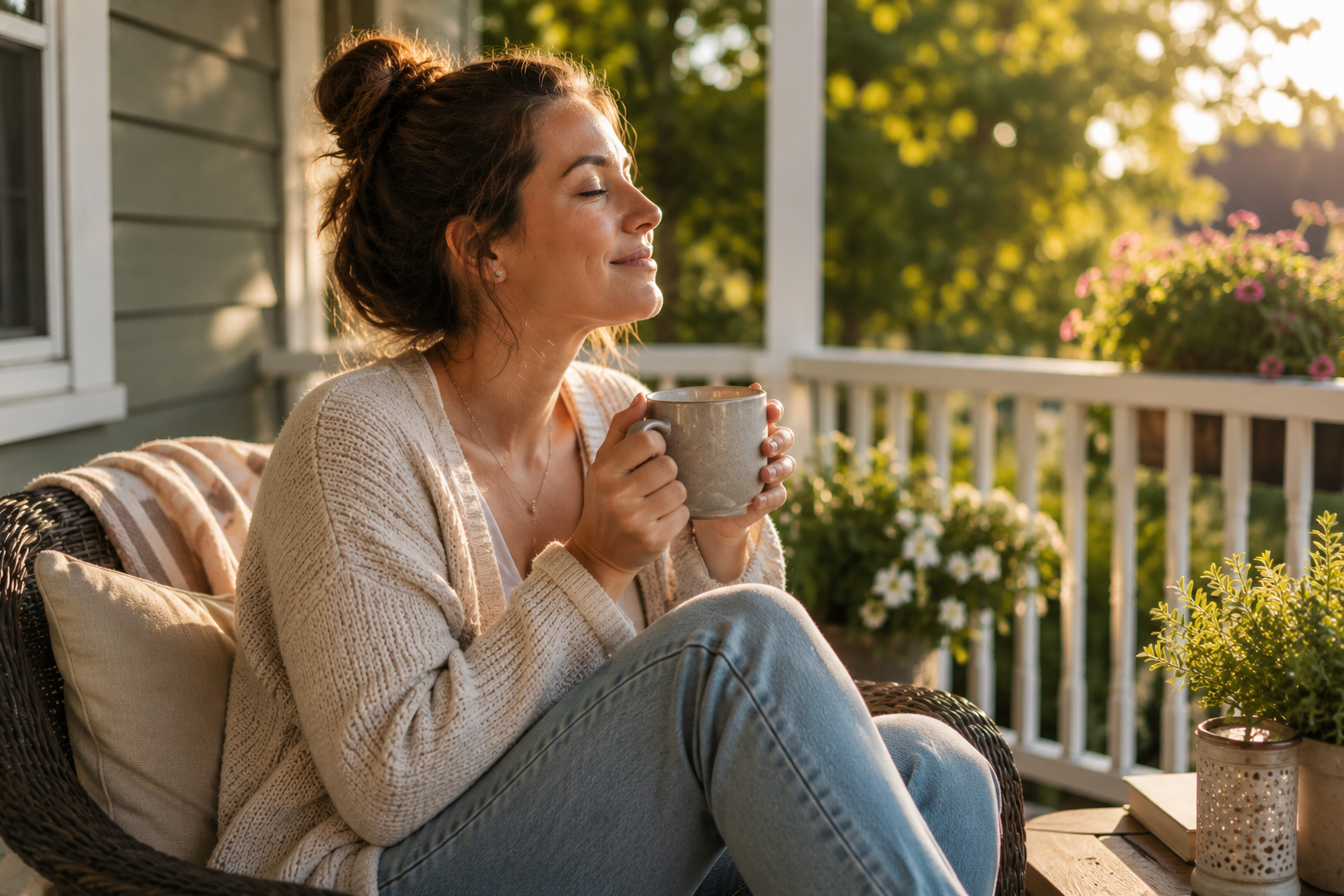 Woman sitting on a cozy porch with a warm cup of coffee, peacefully enjoying the present moment, representing finding calm, nervous system healing, and rediscovering joy after chronic stress.