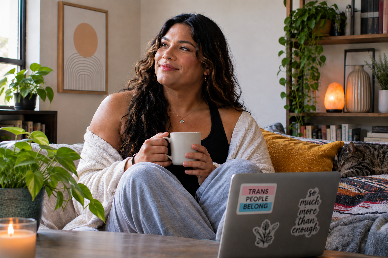 Trans woman relaxing at home, reflecting on family boundaries, self-acceptance, and difficult family relationship in Illinois