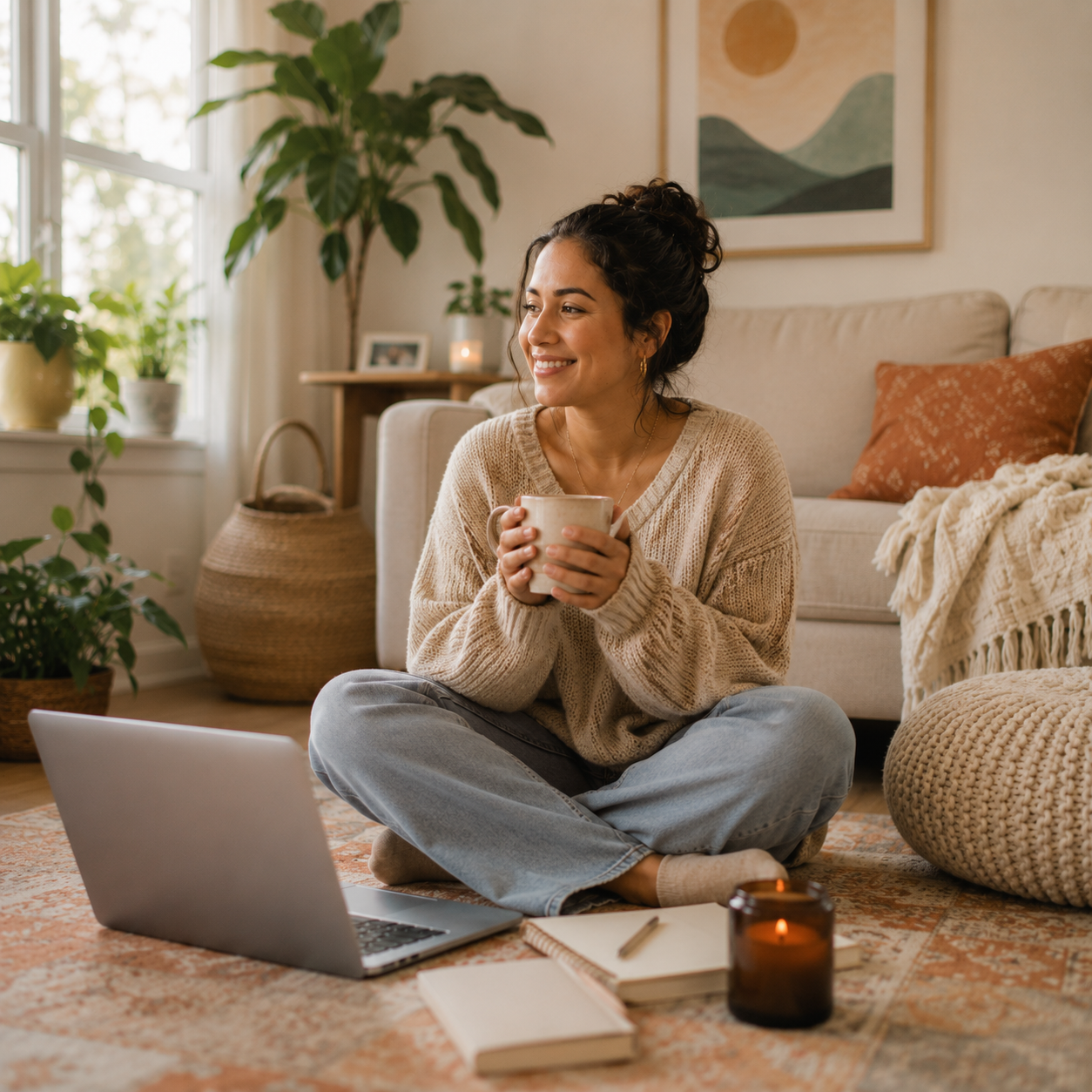 Woman sitting comfortably at home with coffee and a laptop, representing convenient online therapy in Chicago and throughout Illinois