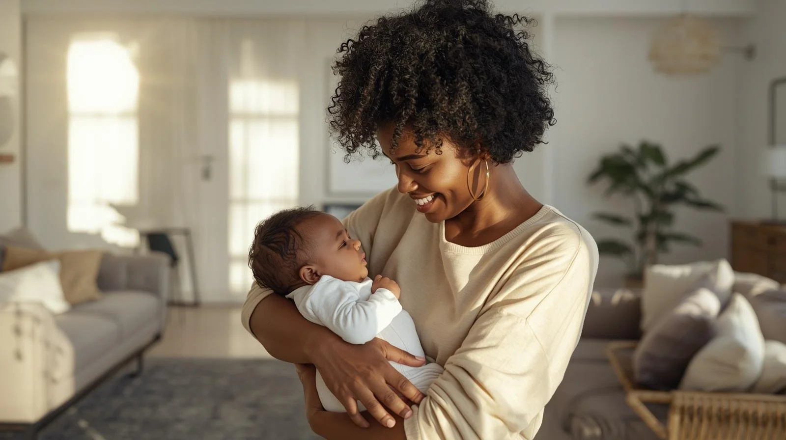 Black mother holding her baby at home, representing postpartum therapy and support for new moms in Illinois