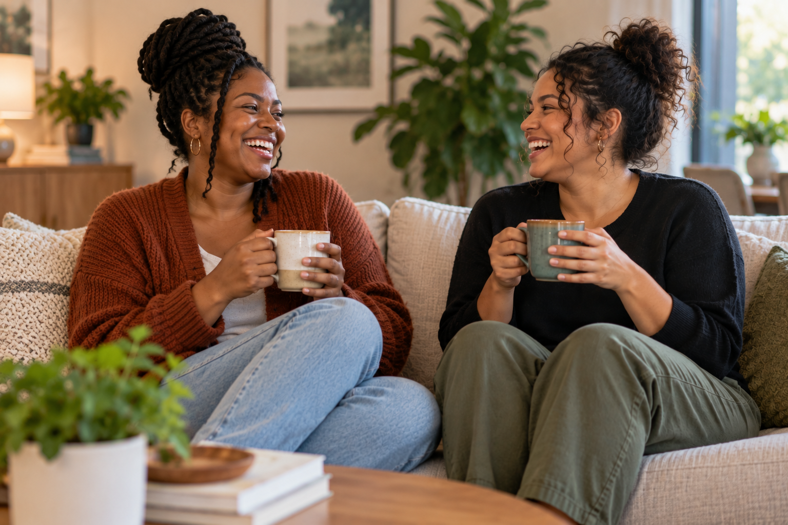 Two women laughing together over coffee at home in Chicago, reflecting connection and relief from anxiety and overthinking.
