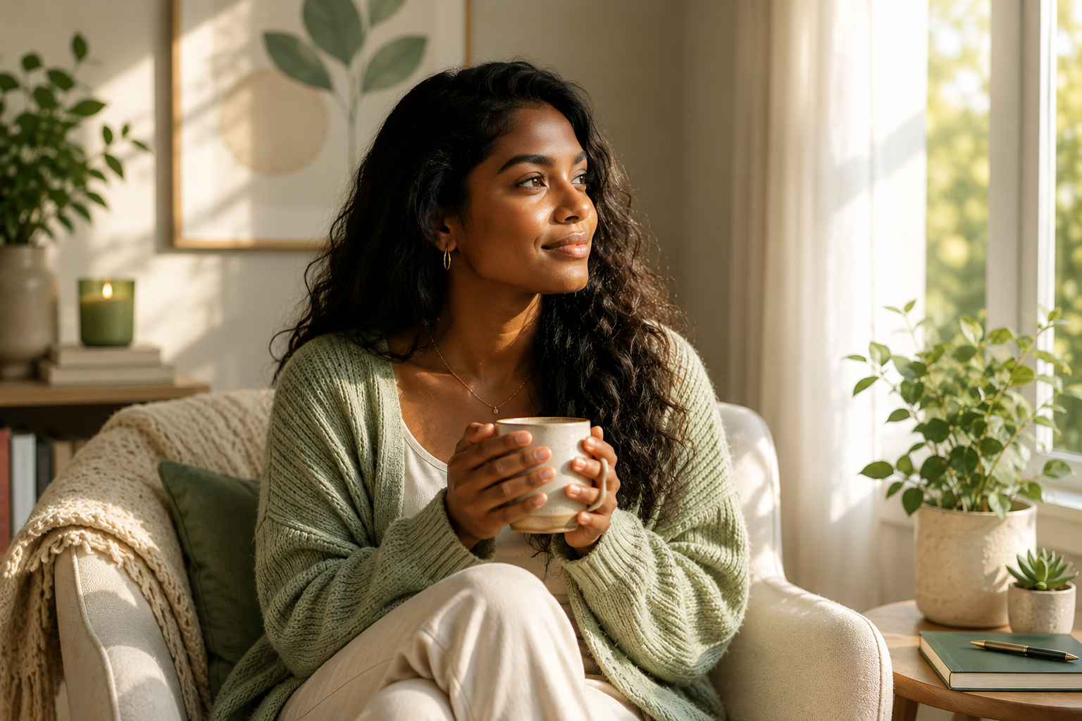 A Black woman sits by a sunlit window at home, smiling gently while holding a mug and reflecting with self-compassion after years of harsh self-criticism.