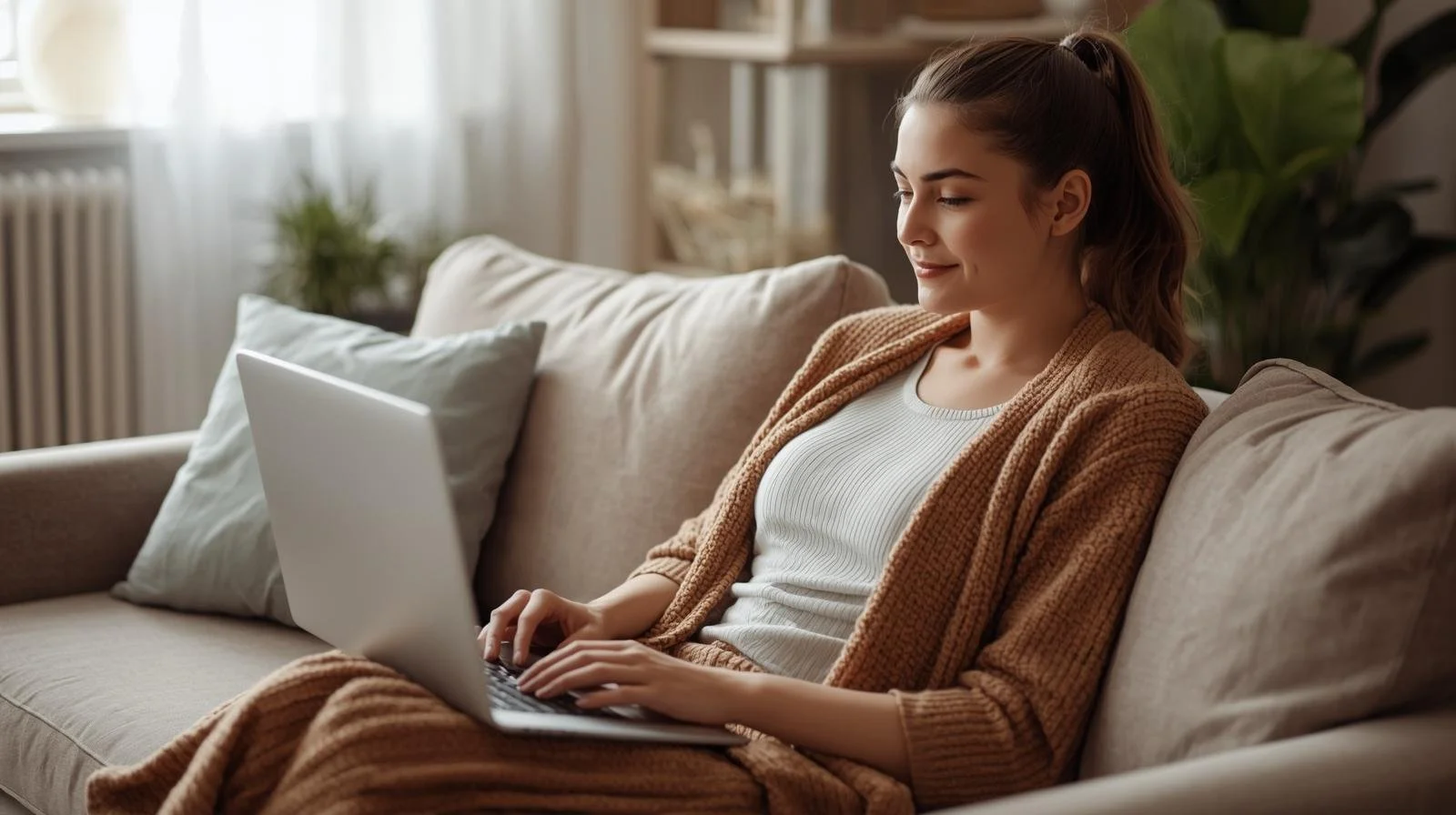 Woman on her couch during in virtual therapy for people pleasing in Illinois