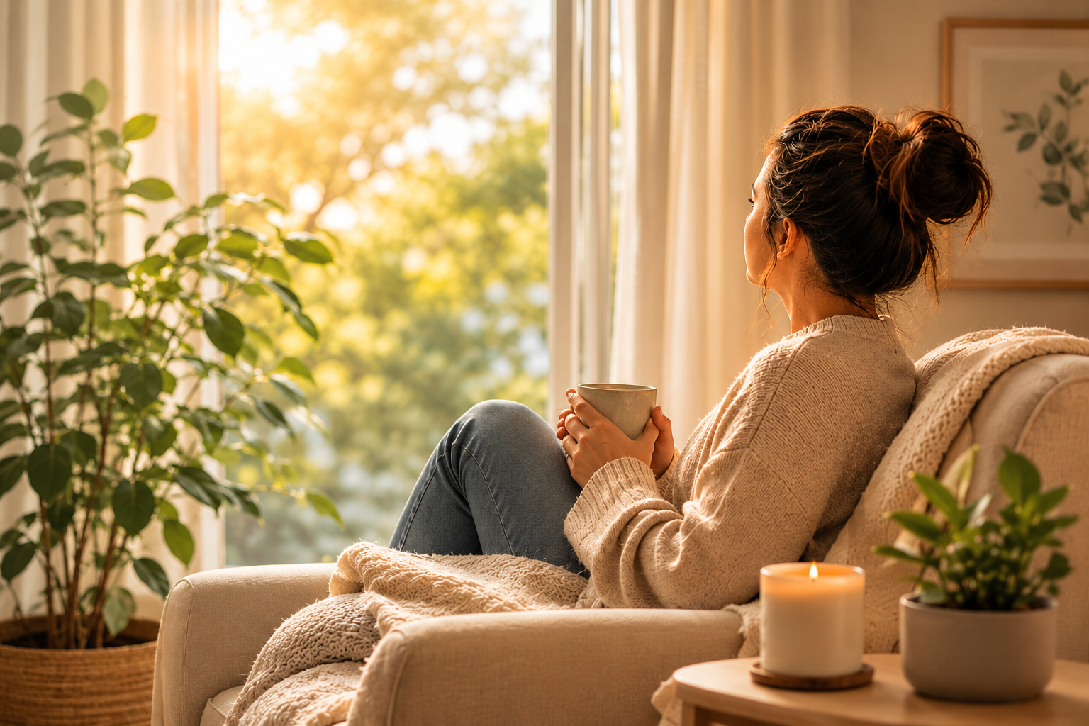 Woman relaxing in a cozy sunlit living room with journal, coffee, and candle, representing emotional overwhelm, anxiety relief, burnout recovery, nervous system healing, and online therapy support in Chicago and throughout Illinois.
