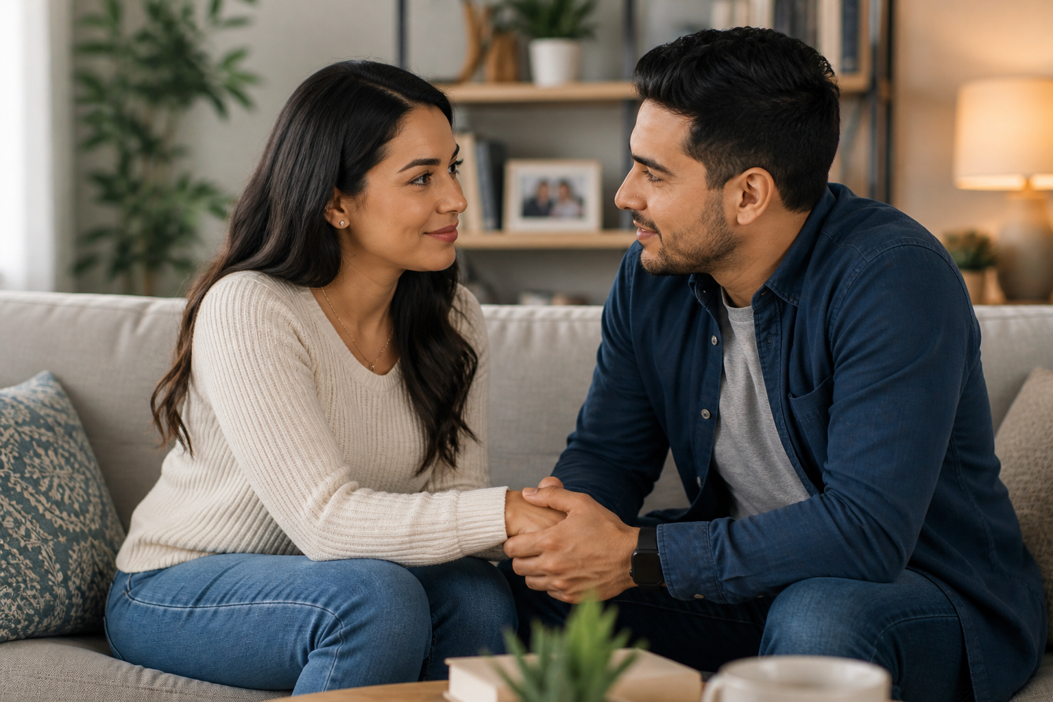 couple talking calmly and reconnecting showing progress after couples therapy in Chicago and Illinois