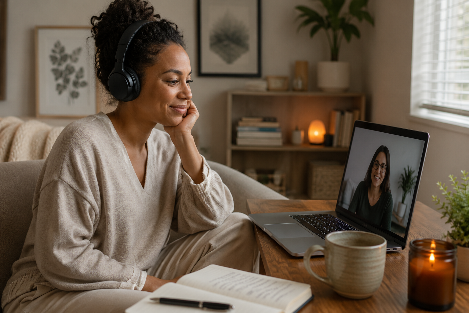 Woman participating in online trauma therapy from the comfort of home, finding a safe, supportive space to heal with a licensed therapist serving Chicago and Illinois.
