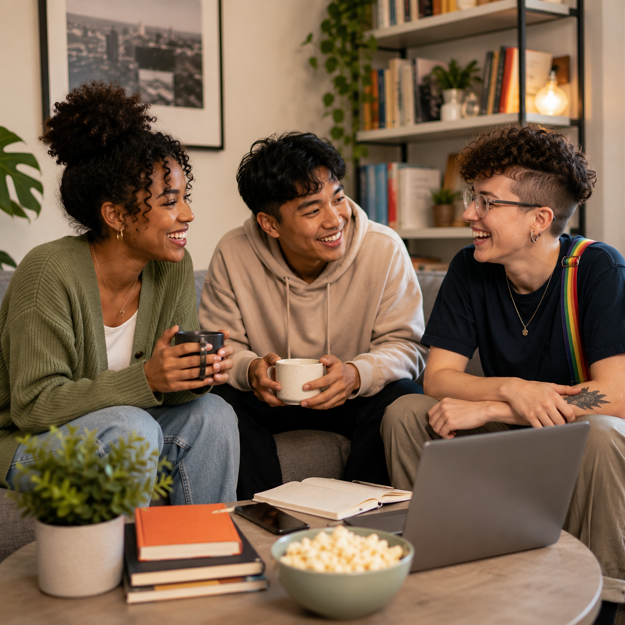 Diverse group of young adults laughing together at home, representing friendship, connection, and support during young adulthood