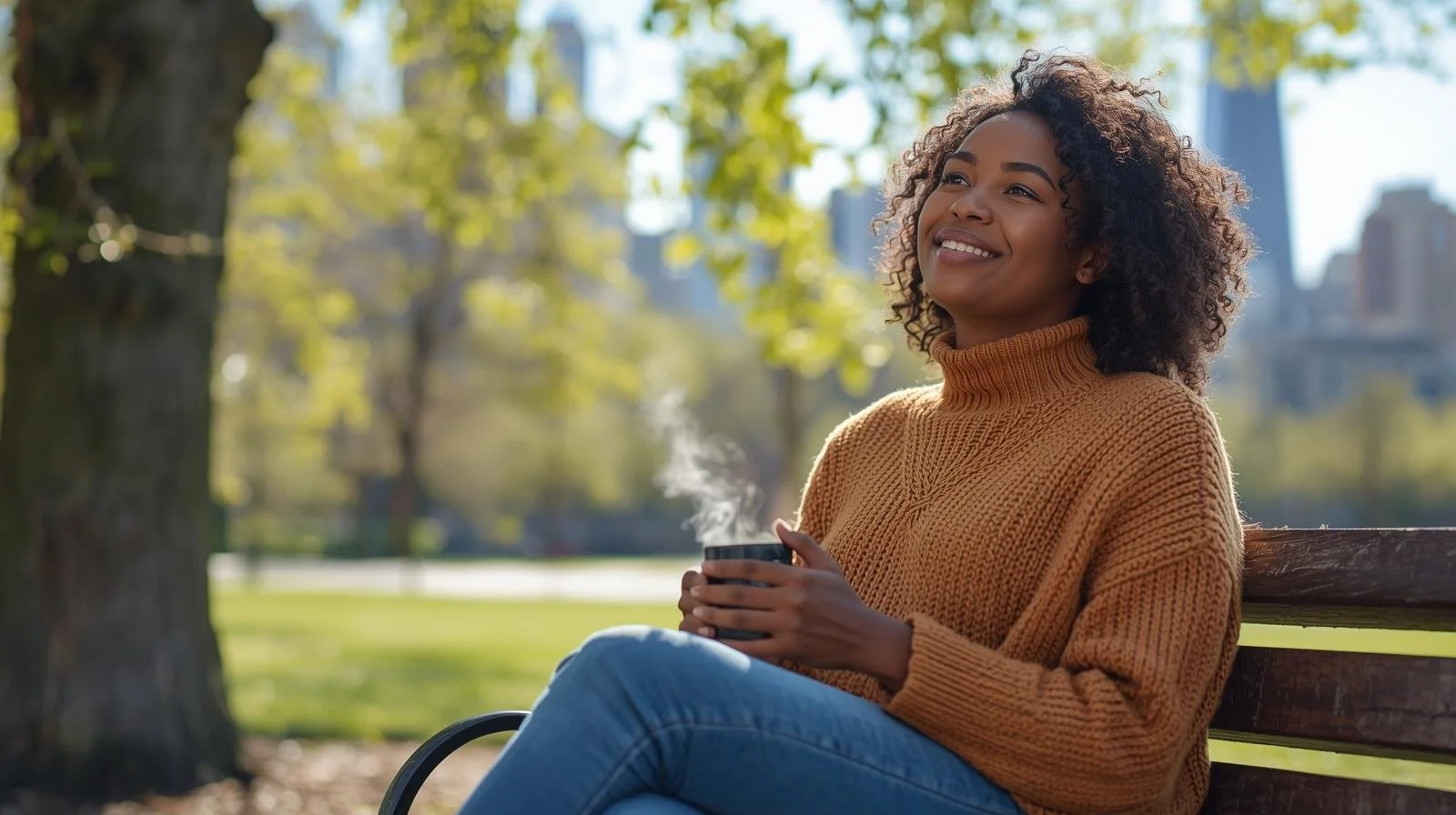 Woman sitting in park and feeling calmer after online anxiety therapy session in Chicago