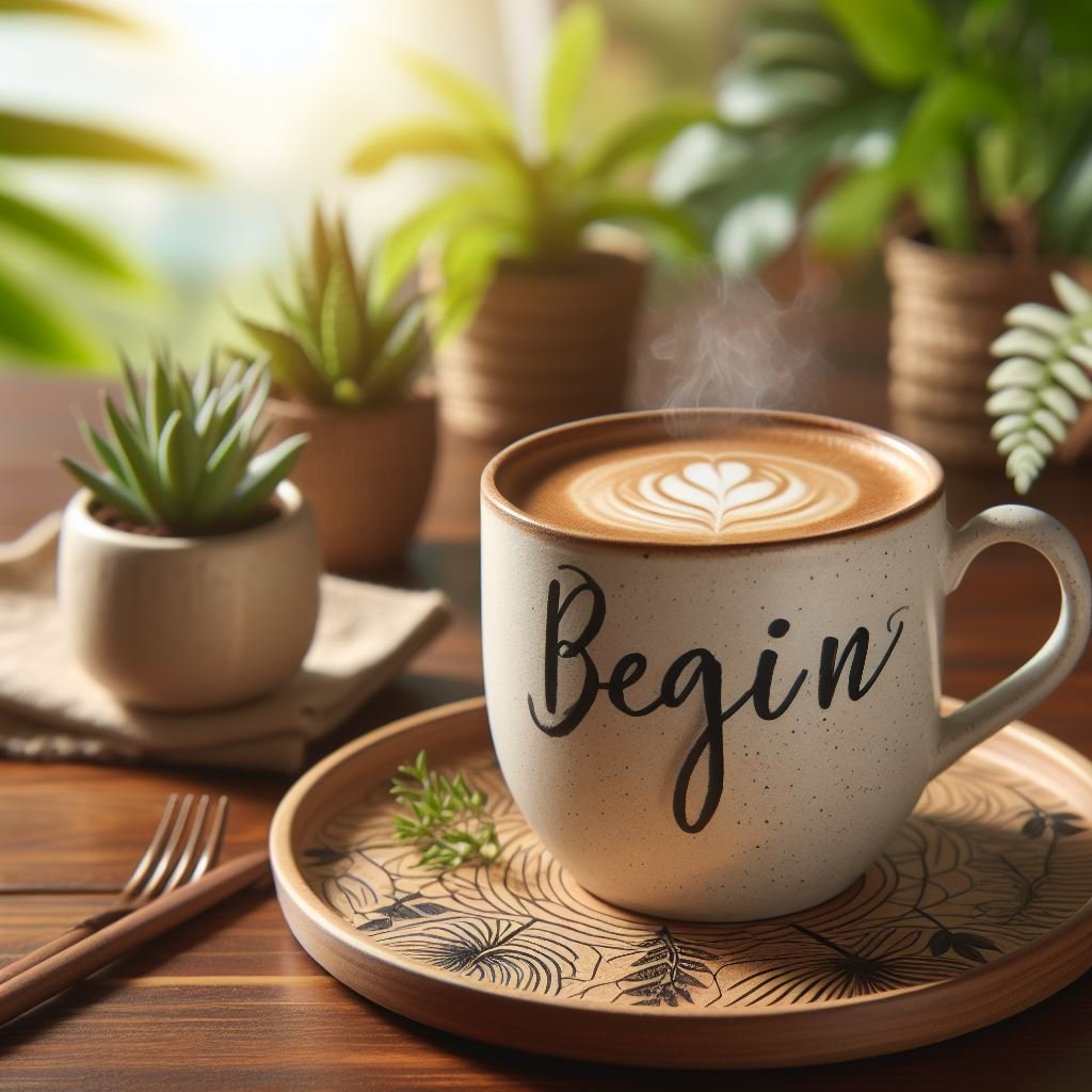 Coffee cup with word begin written on it and plants sitting on the desk. Therapy nearby Chicago and Illinois. Best therapist referrals near me. 60453. 60462. 60647. 60643. 60611. 60607