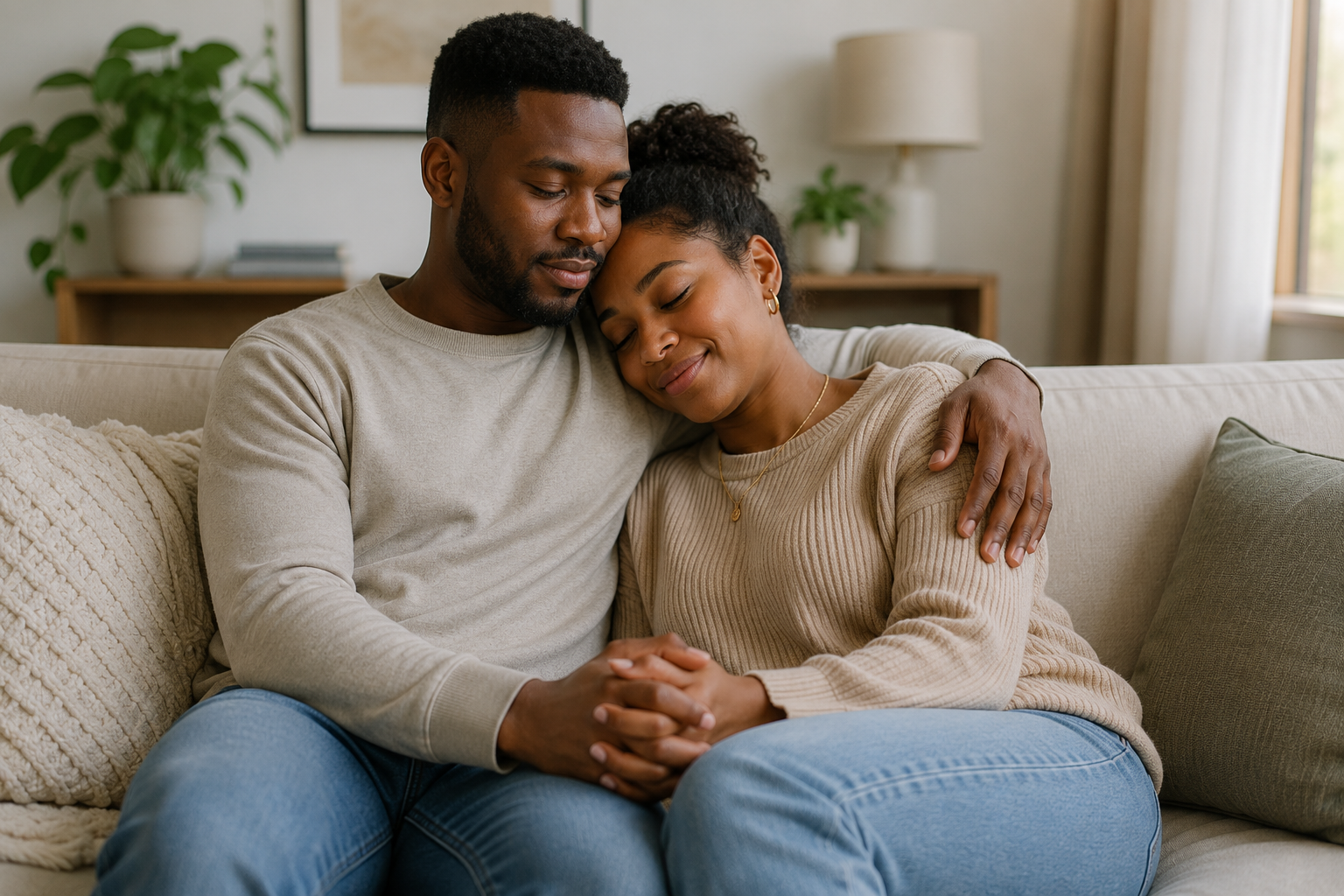Black couple sitting together on a couch holding hands in a peaceful home, representing emotional support, stronger relationships, and healing from anxiety through online therapy.