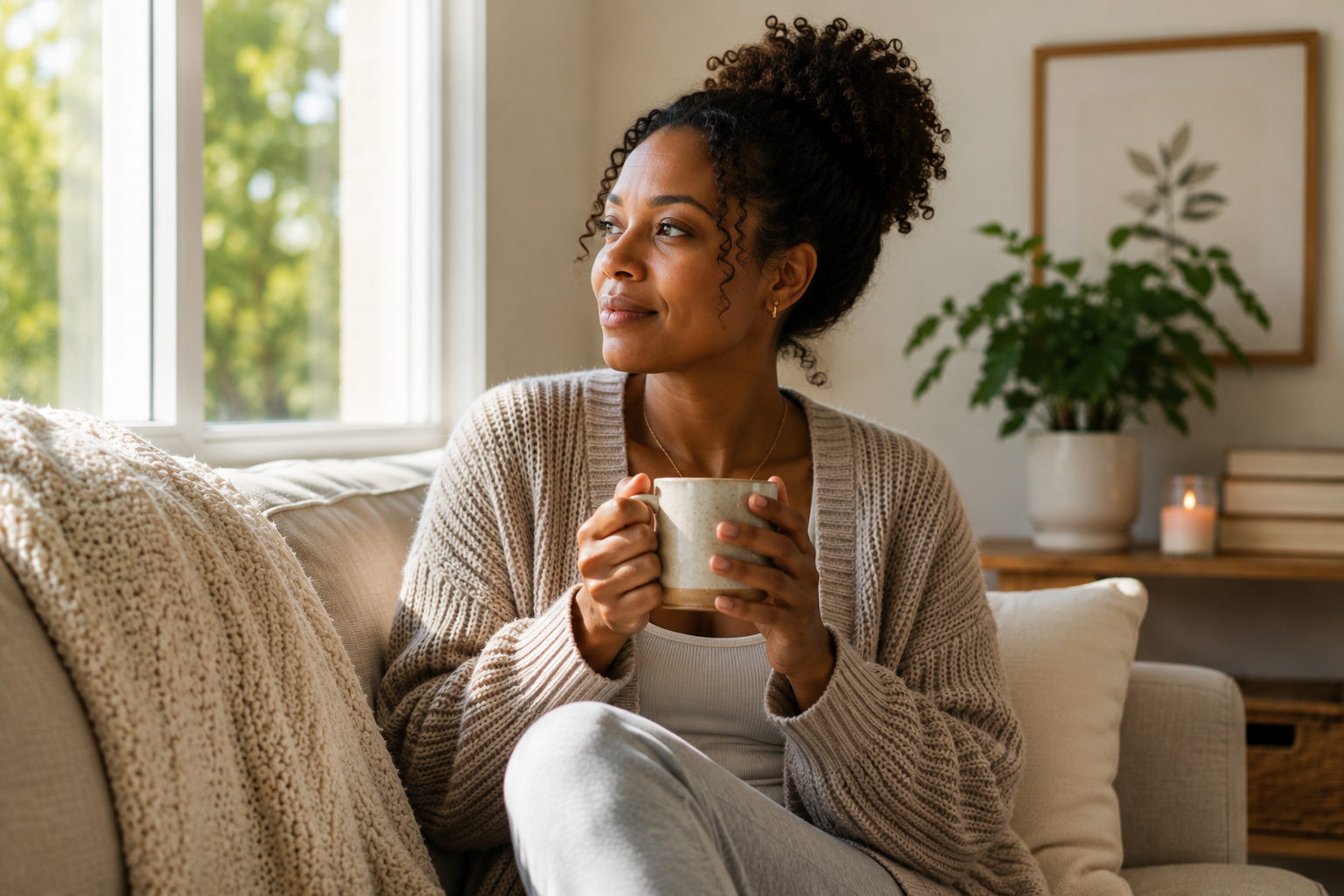Black woman sitting on a couch near a window holding a coffee mug, reflecting during a peaceful moment after receiving online anxiety therapy in Illinois.