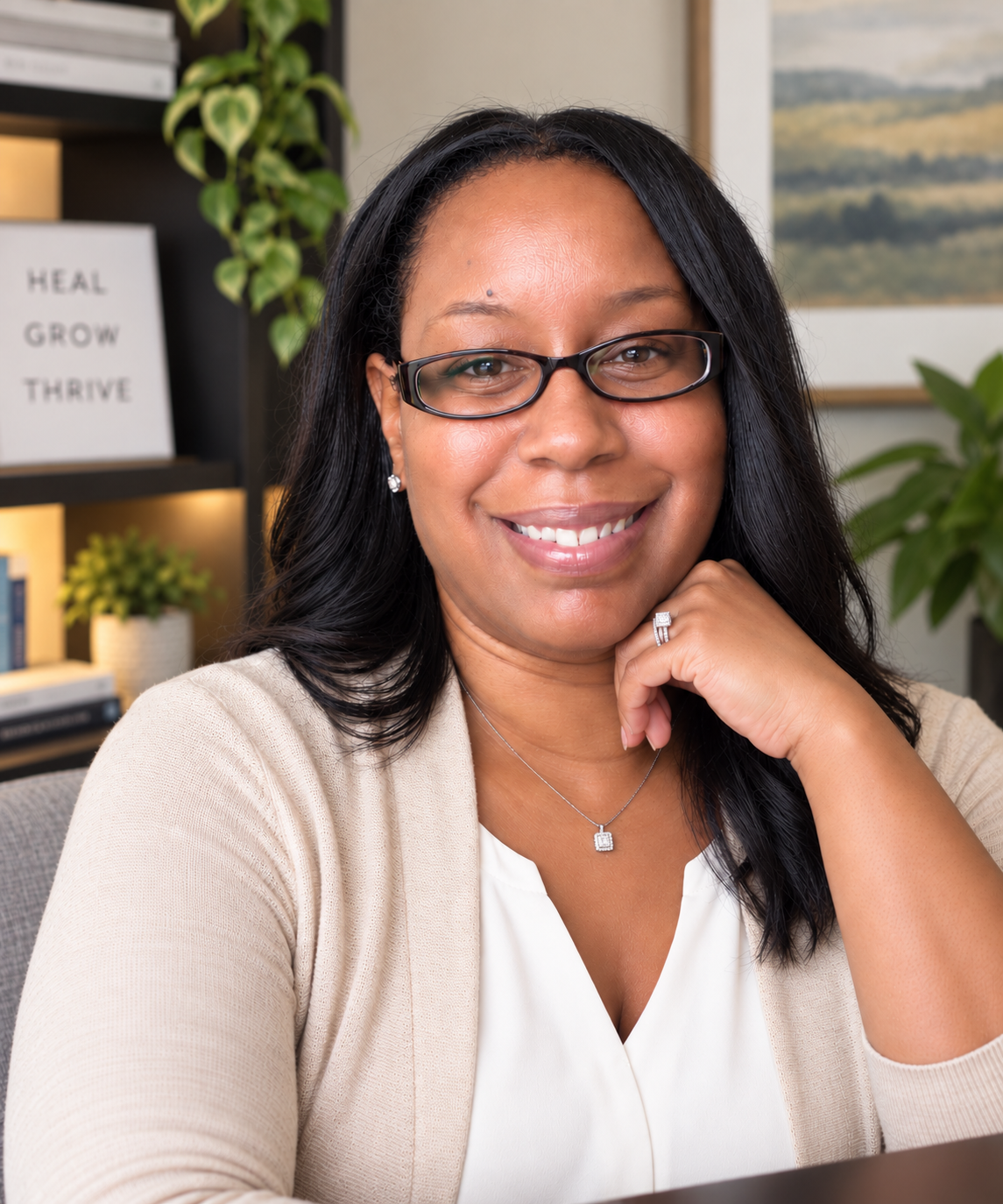 Dr. Aretha Steele, licensed clinical psychologist and founder of Mindful Healing Counseling, smiling warmly in a welcoming therapy office.