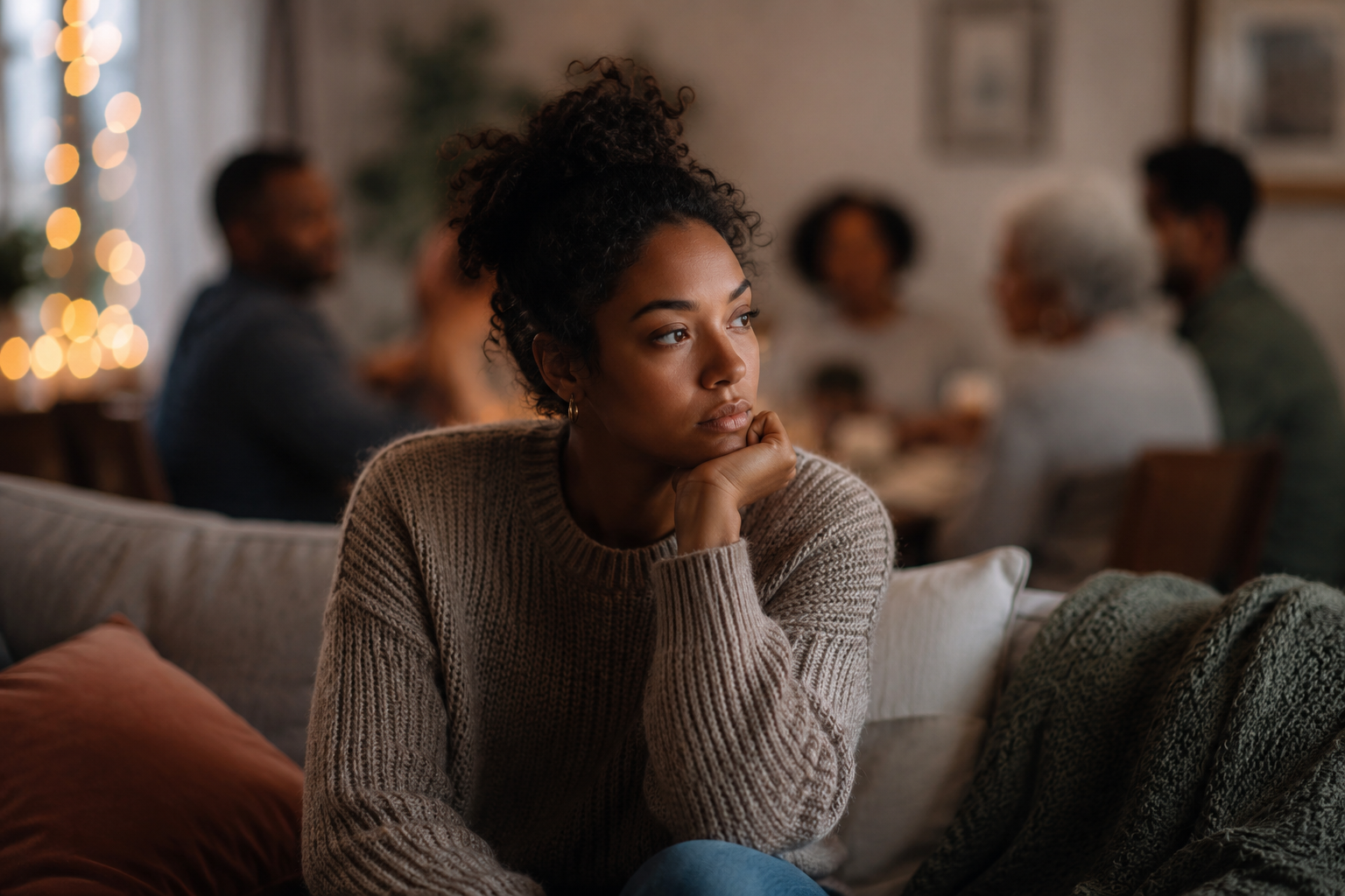 Black woman feeling emotionally distant during a family gathering, reflecting on difficult family relationships and old family patterns in Illinois