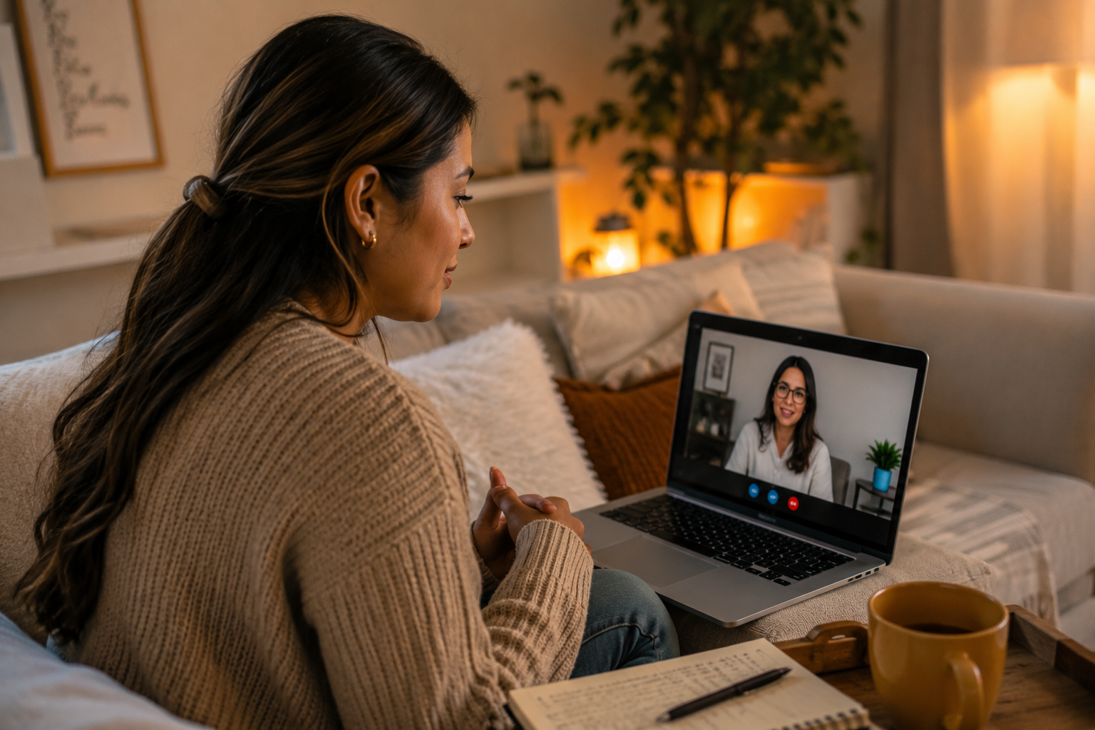 Hispanic woman participating in an online therapy session from home, representing support for anxiety, burnout, and emotional overwhelm