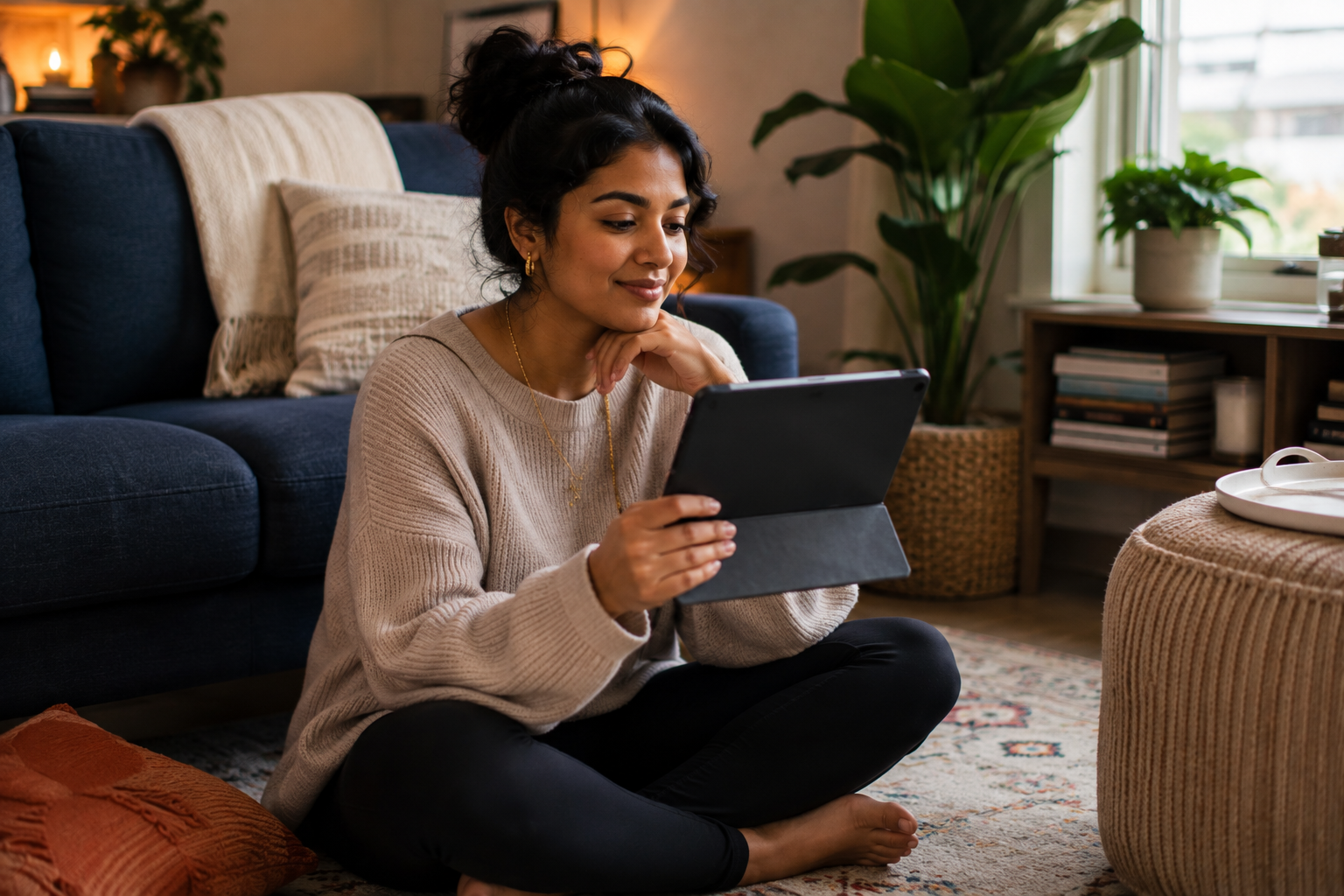 South Asian woman sitting comfortably on the floor at home during an online therapy session, holding a tablet and looking relaxed and hopeful.