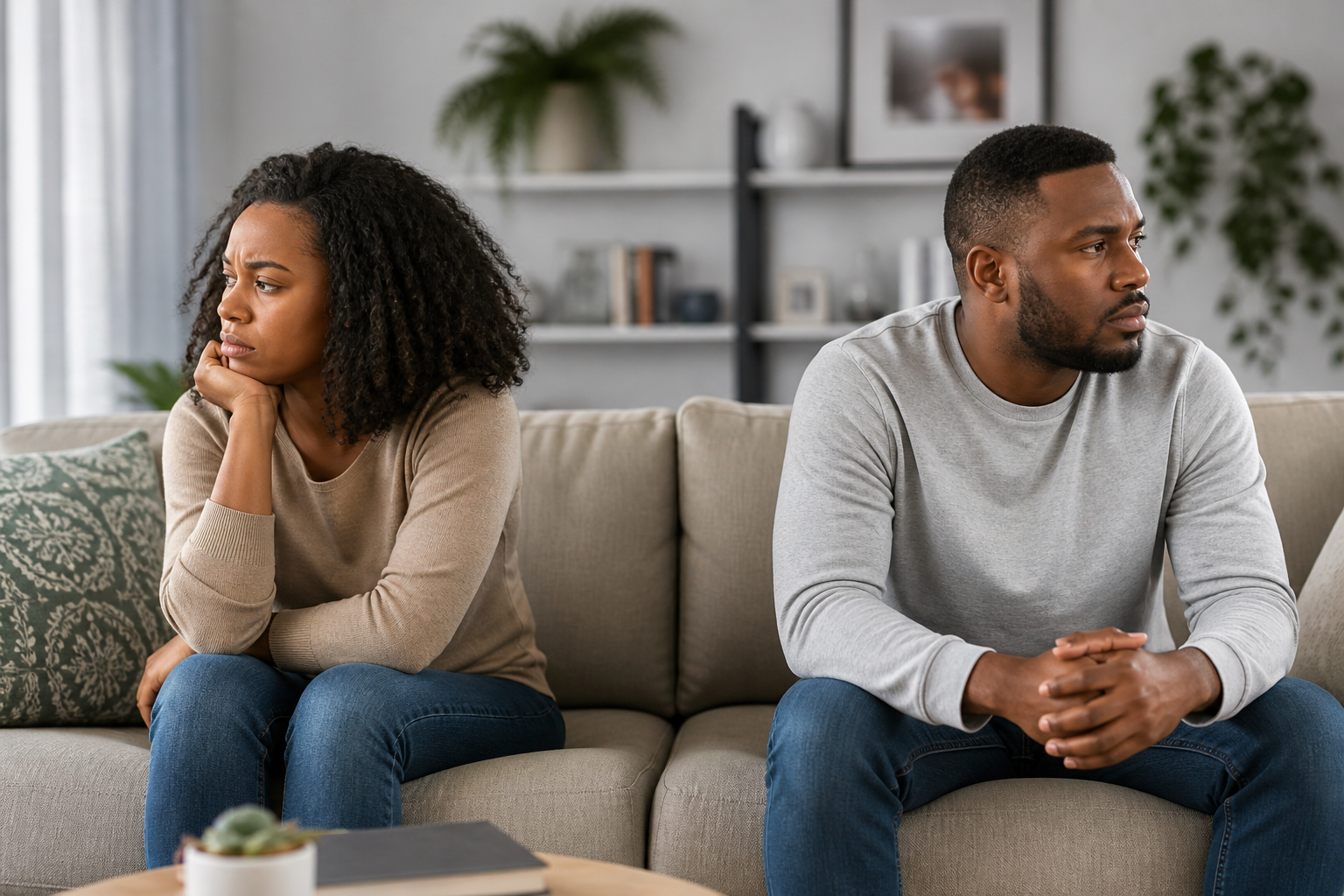 couple sitting apart in living room feeling disconnected representing marriage struggles in Chicago
