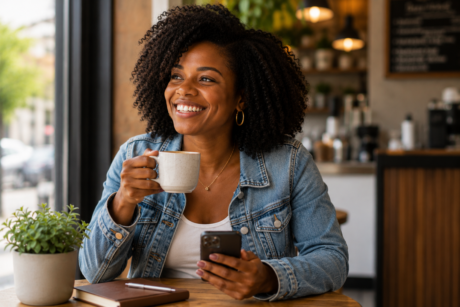 Black woman relaxing with coffee, representing the sense of calm and connection supported through online therapy in Chicago and Illinois