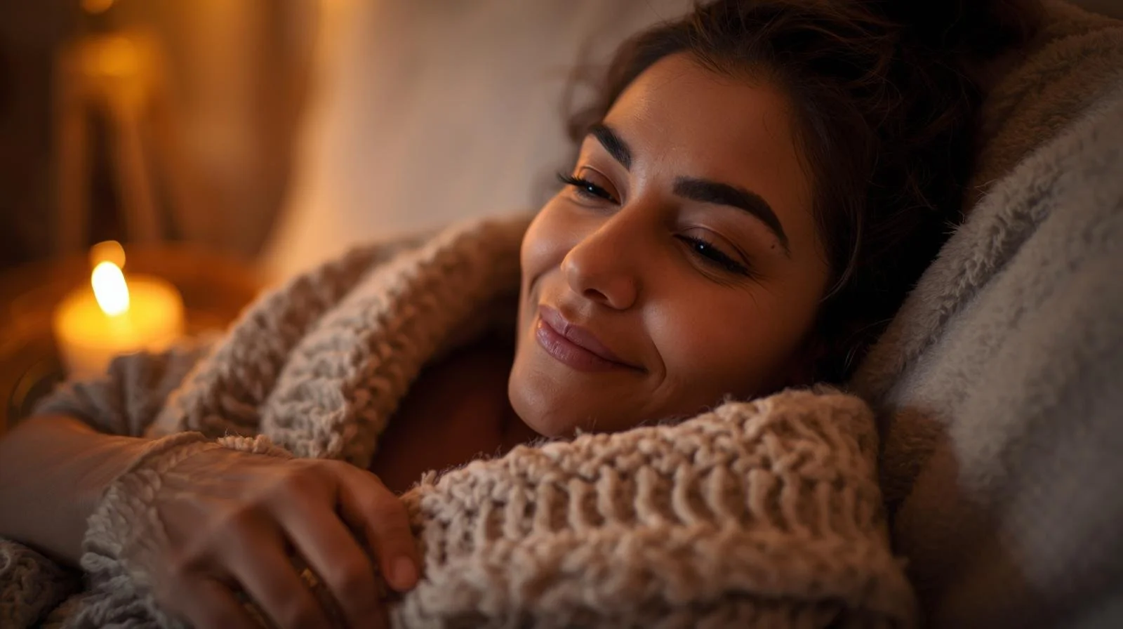 A Latina woman wrapped in a soft blanket on her couch, representing comfort, emotional rest, and healing from exhaustion through online therapy in Chicago and Illinois.