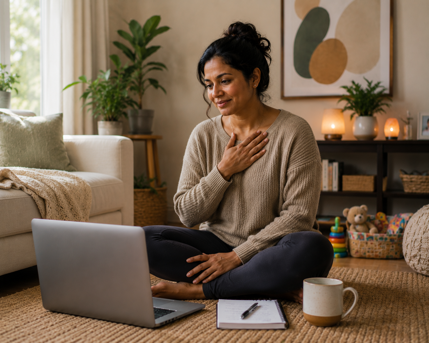 South Asian mother participating in an online therapy session from home to reduce stress, anxiety, and mom burnout.