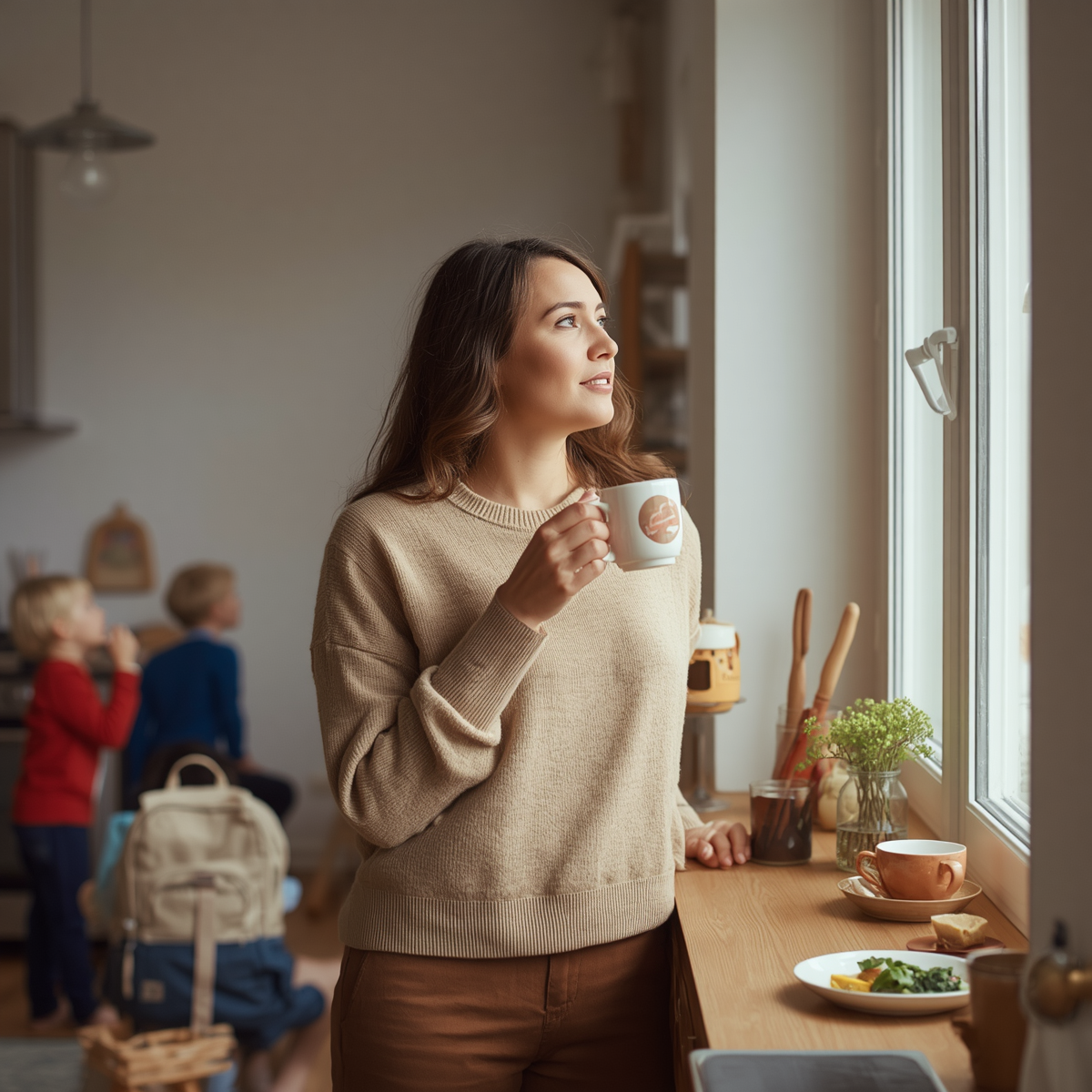 Mother standing in her kitchen looking thoughtfully out the window while her children play in the background, representing the mental load of motherhood, identity changes, and emotional well-being after becoming a mom.