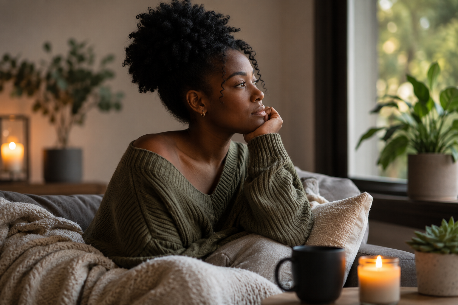 Black woman sitting quietly on a couch with a warm cup of coffee, looking out the window in a peaceful home, representing learning to relax, nervous system healing, and online anxiety therapy in Illinois.
