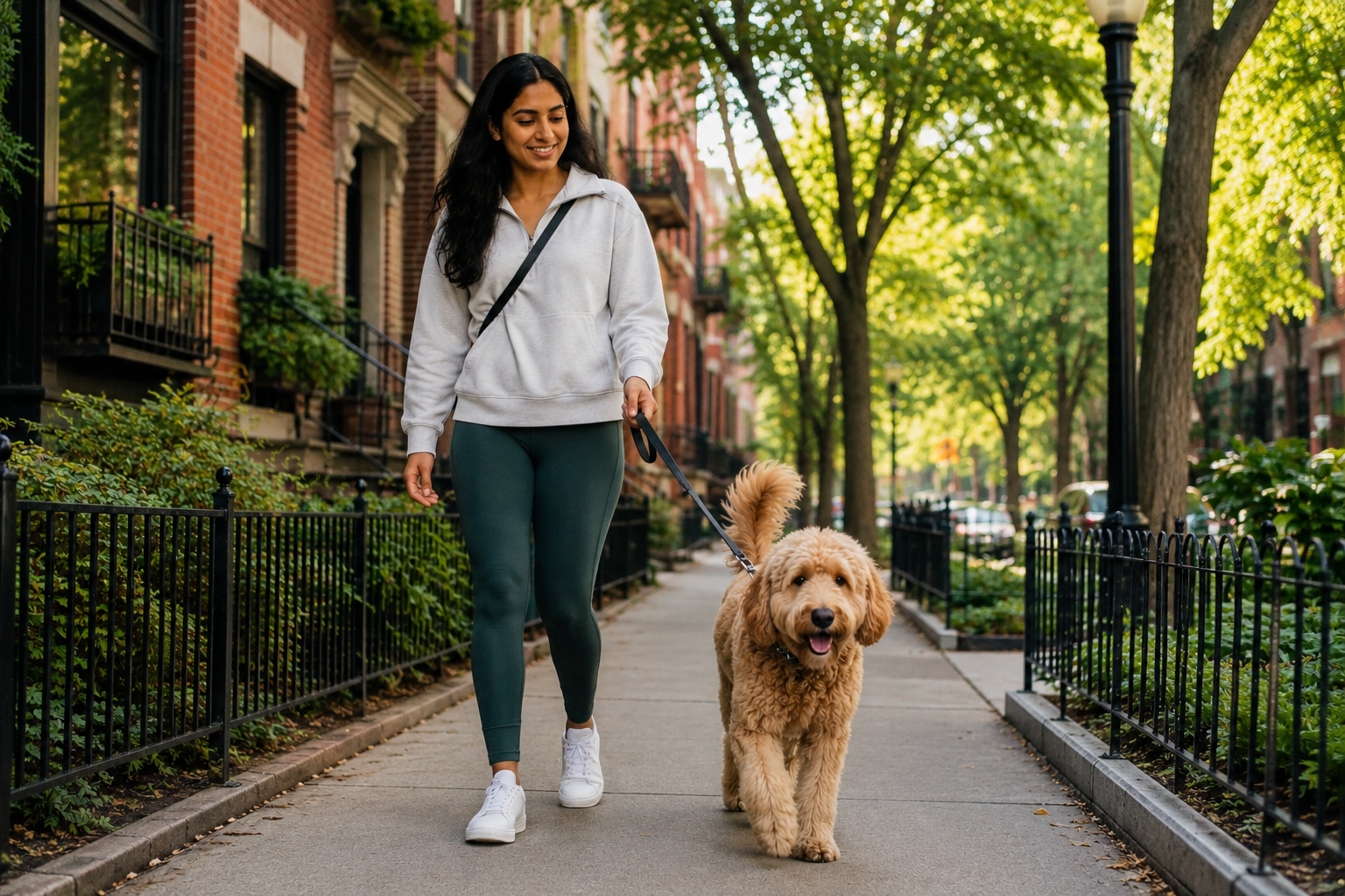 South Asian woman walking her dog outdoors, representing healing from chronic guilt, people-pleasing, and anxiety through online therapy in Illinois.