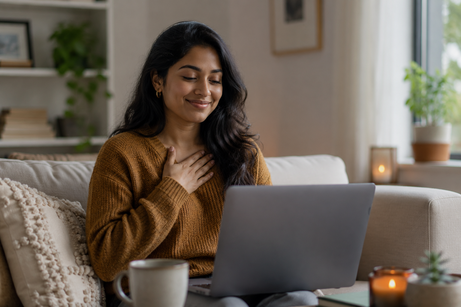 South Asian woman feeling relieved during an online therapy session at home for stress and overwhelm in Chicago and Illinois.