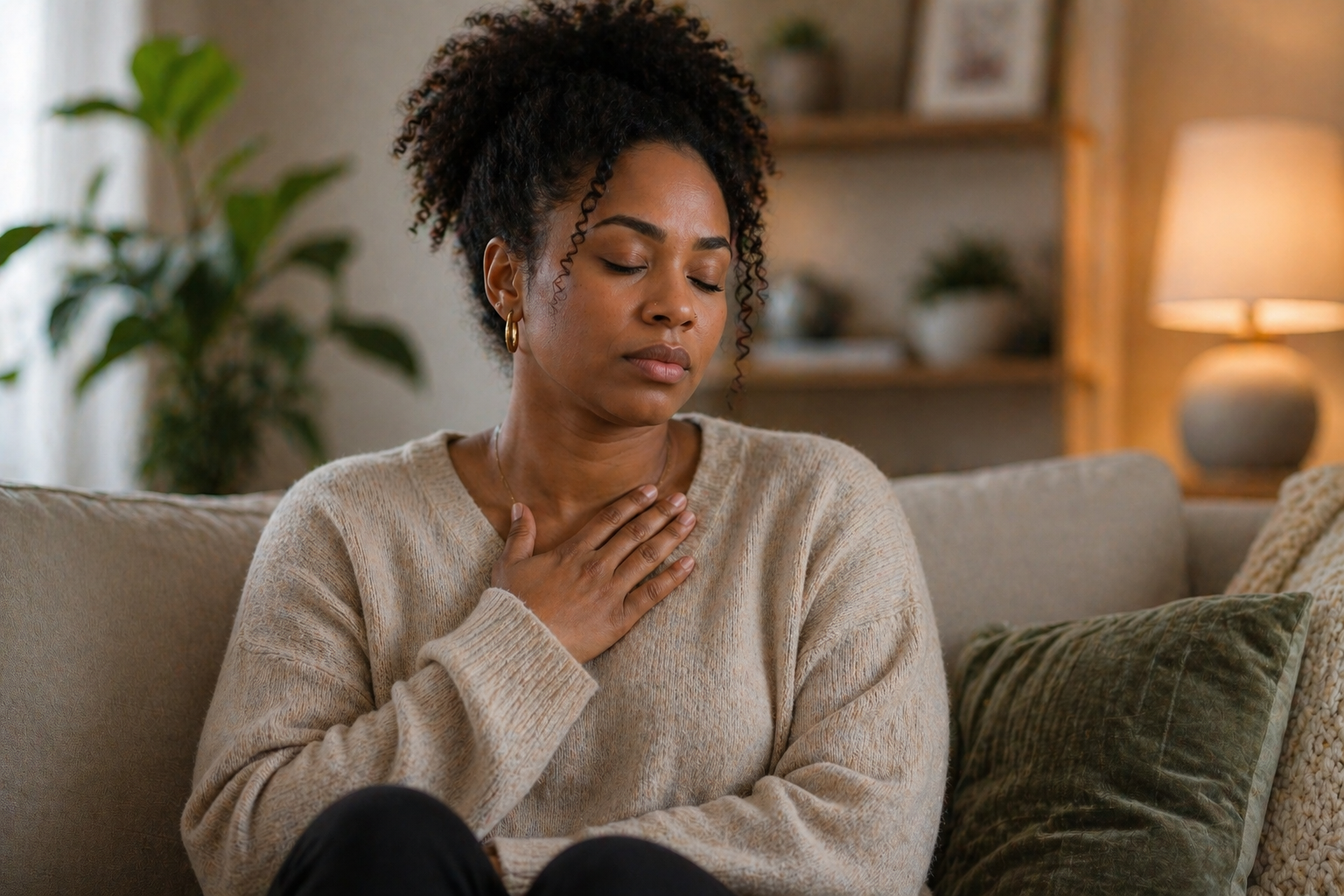 Black woman with eyes closed holding chest showing nervous system stress and trauma in the body