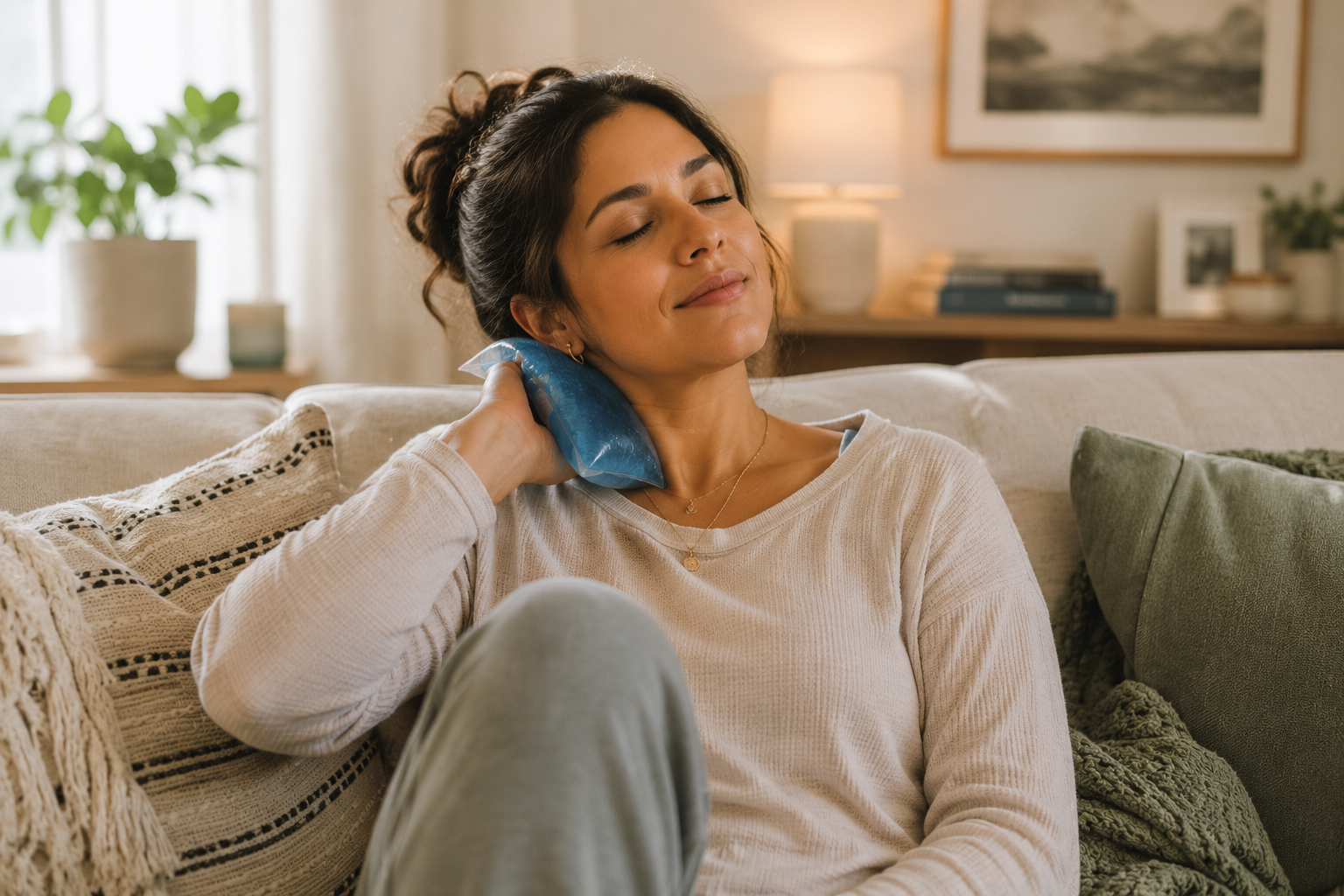 Hispanic woman sitting peacefully on a couch with an ice pack on her neck and eyes closed, representing relief from anxiety, stress, and emotional overwhelm after online therapy.