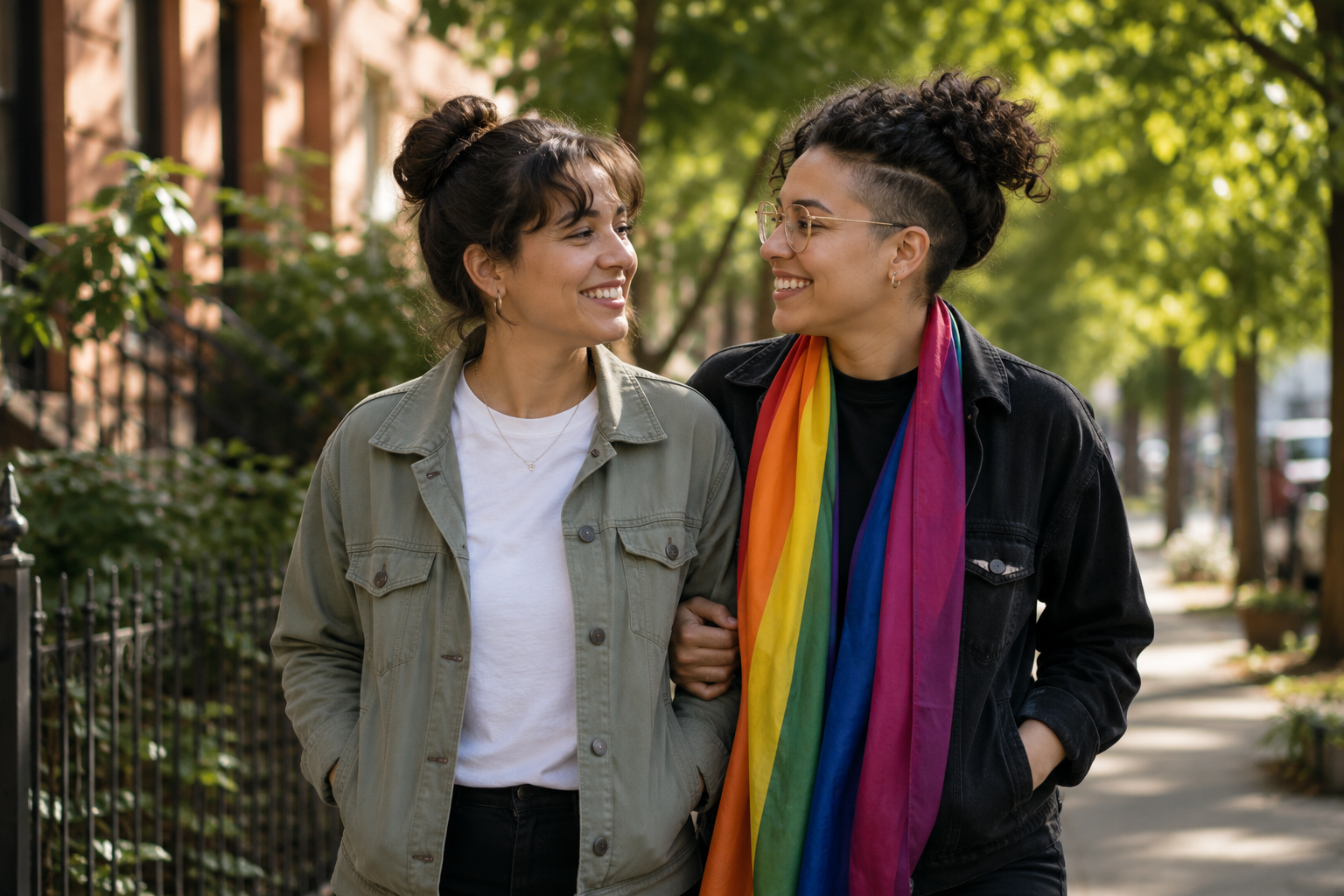 Two queer women smiling and walking together outdoors, one wearing a rainbow scarf, representing LGBTQIA+ affirming therapy in Chicago and Illinois