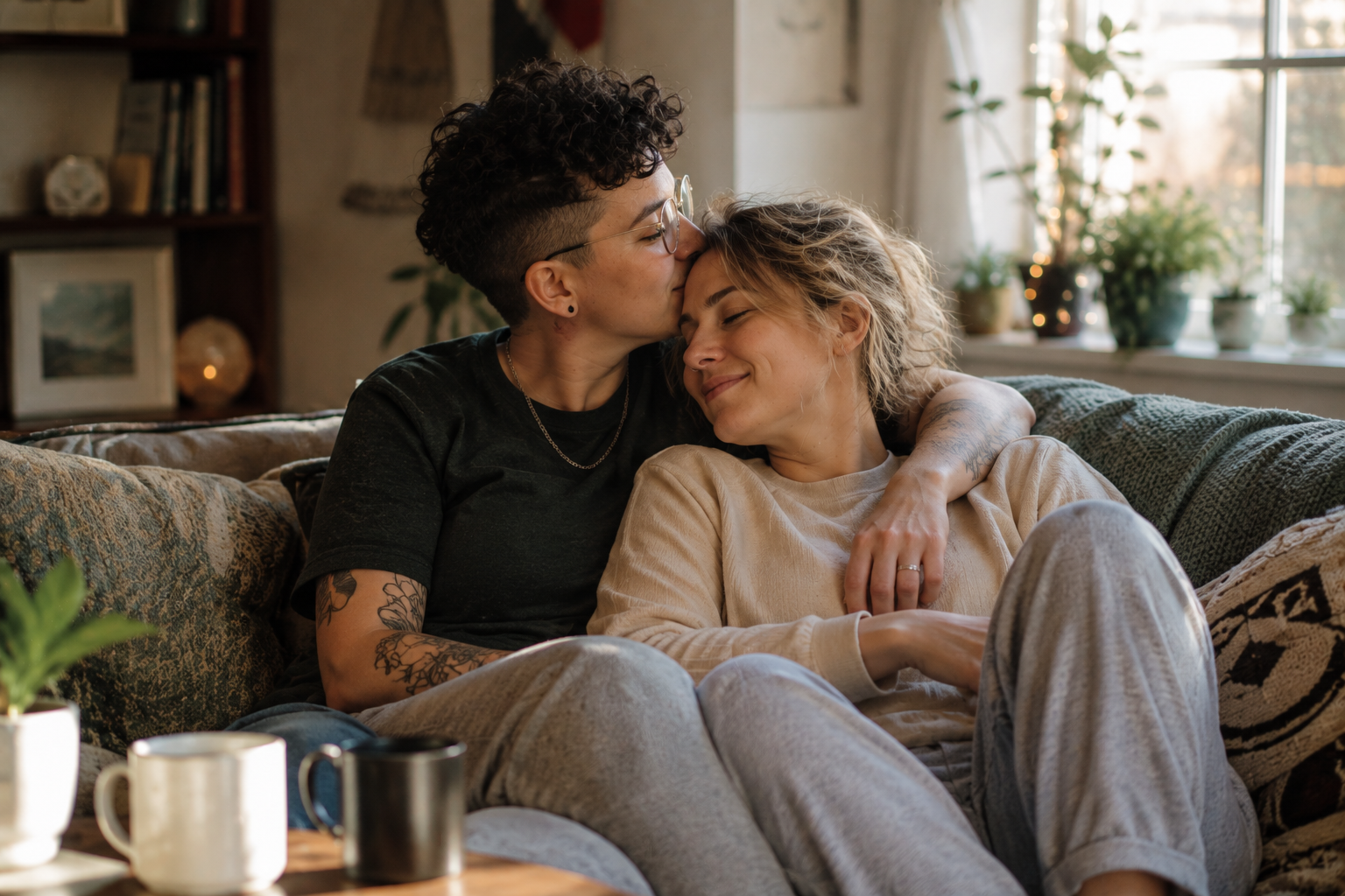 Queer couple relaxing together at home, feeling connected and supported while navigating family relationships and identity in Illinois