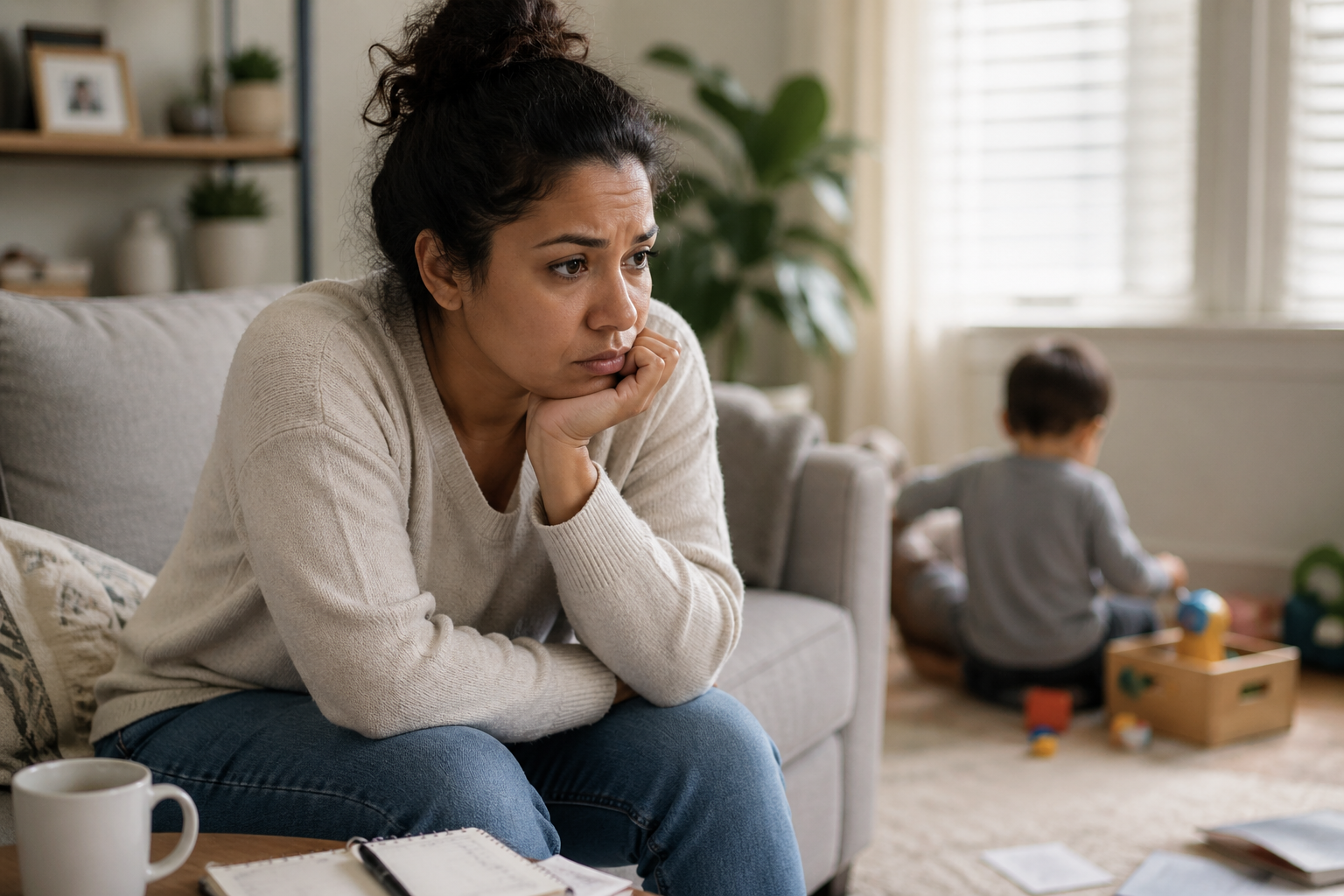 Mother sitting on a couch looking overwhelmed and lost in thought, representing the emotional weight of mom guilt