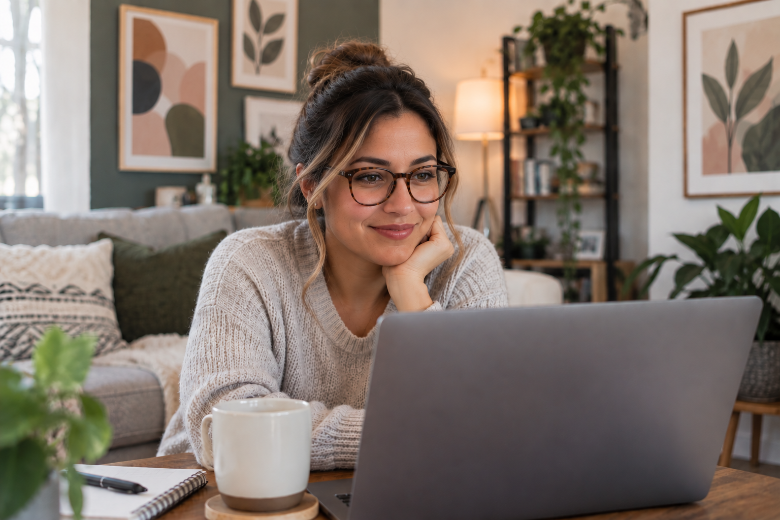 Woman with glasses smiling during an online therapy session from home in Illinois.