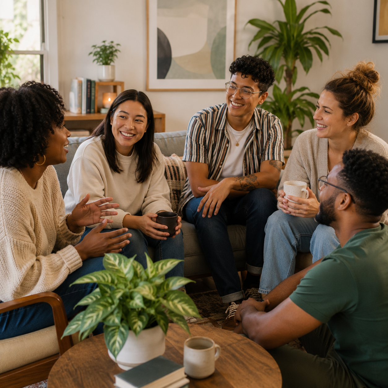 Diverse group of adults, including LGBTQIA+ and BIPOC individuals, sharing a relaxed moment together, representing inclusive, culturally affirming therapy in Chicago and Illinois