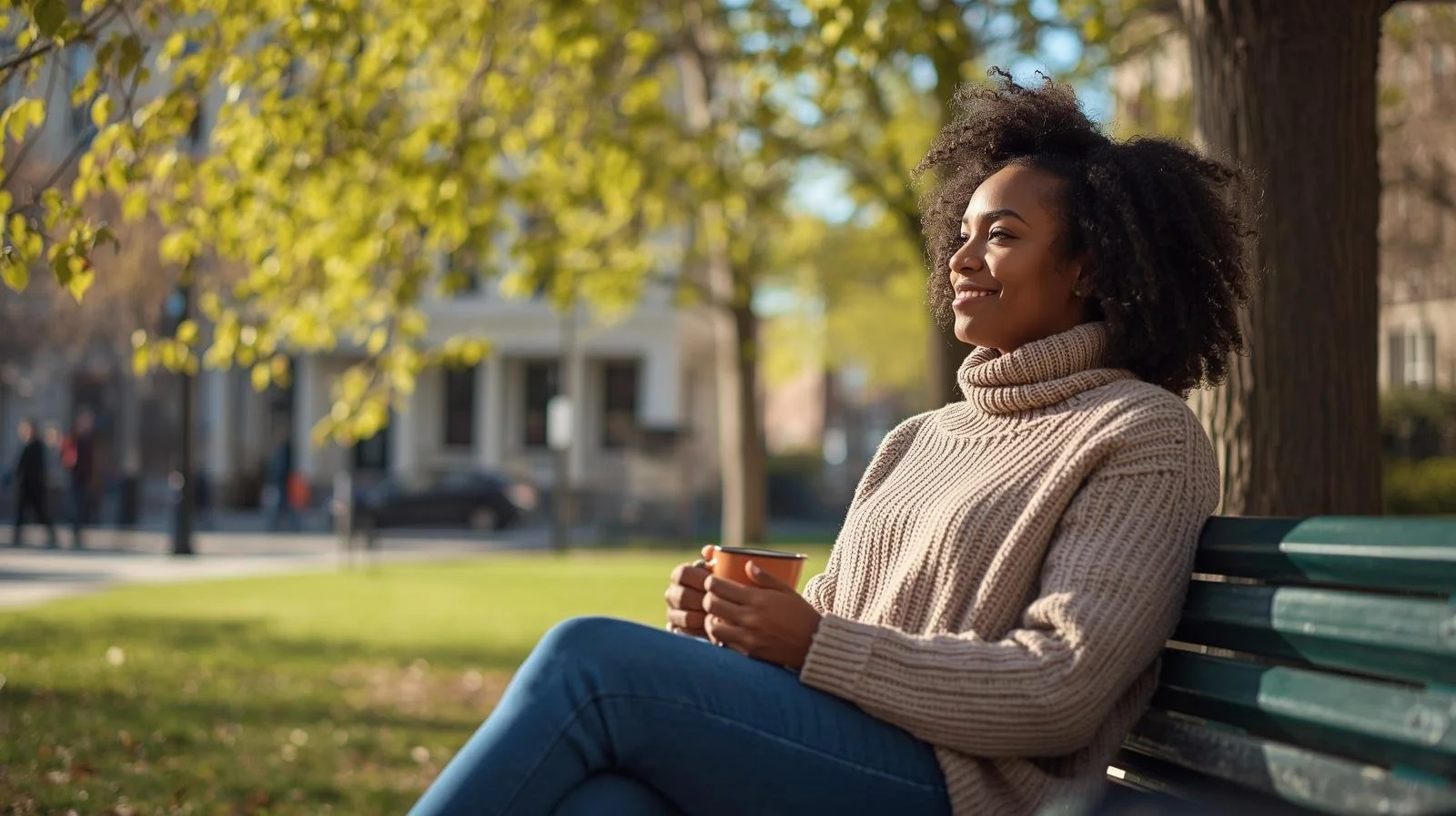 Black woman sitting outdoors and reflecting after therapy, representing culturally affirming mental health care in Chicago
