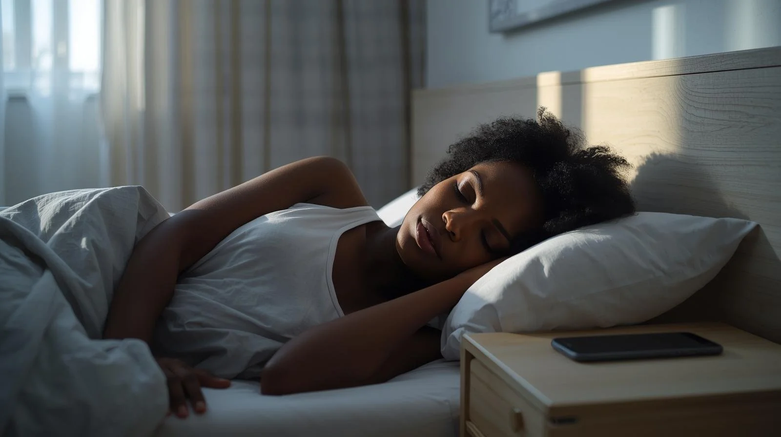 A black woman sleeping after virtual therapy for overthinking and anxiety in Illinois