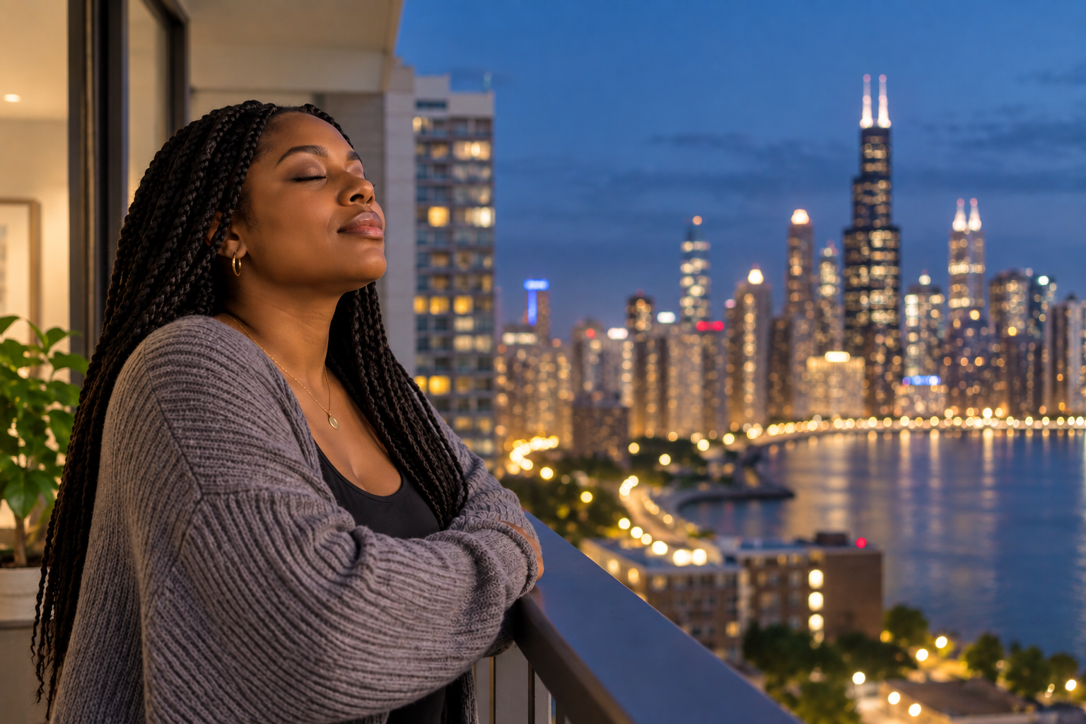 Black woman taking a calming breath on a balcony overlooking the Chicago skyline, illustrating coping with anxiety