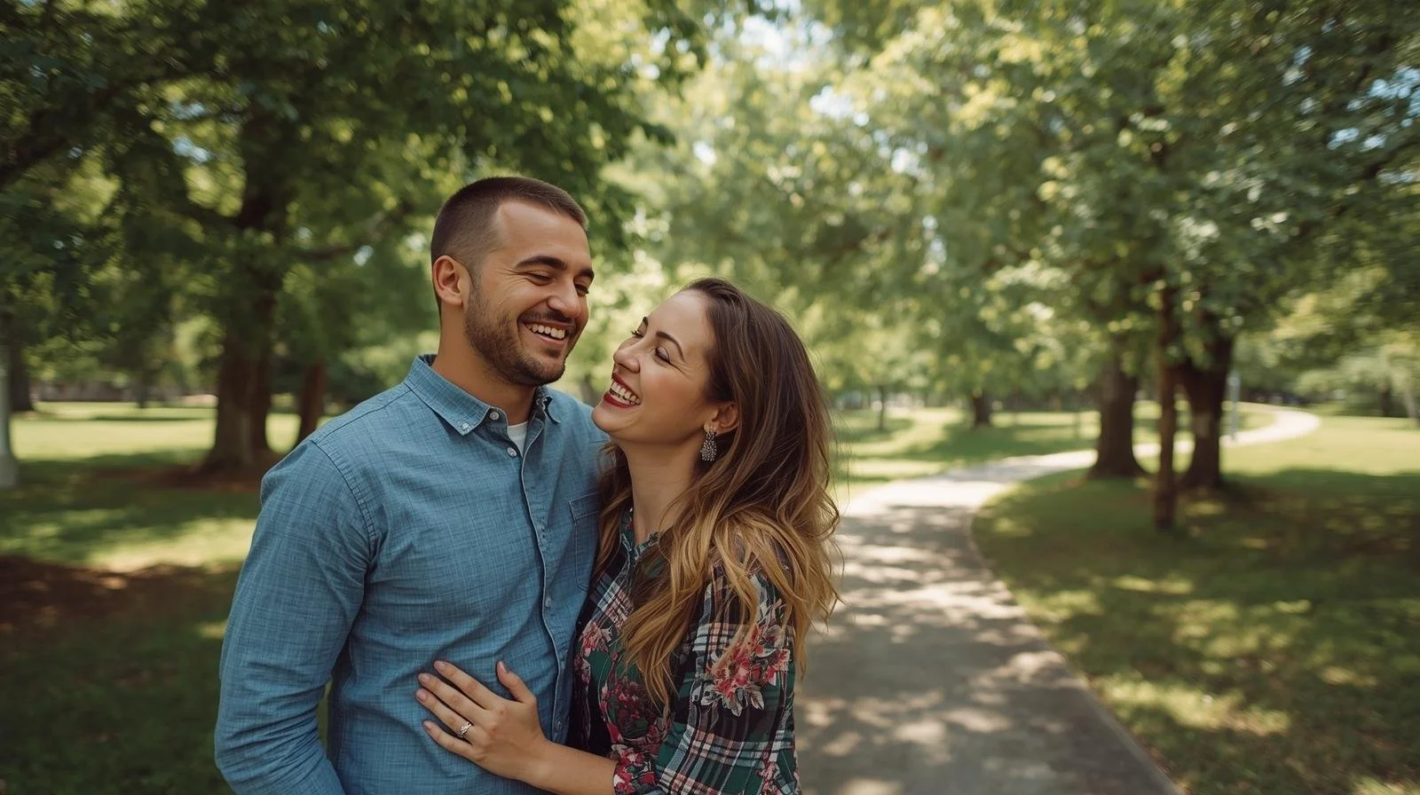 Couple laughing in the park after virtual therapy in Downers Grove, Illinois