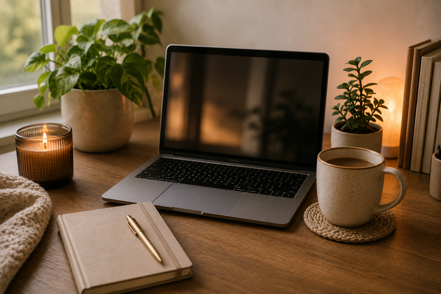 Cozy home workspace with a laptop, journal, candle, plant, and warm drink, representing the comfort and accessibility of online therapy for burnout and stress in Chicago and Illinois