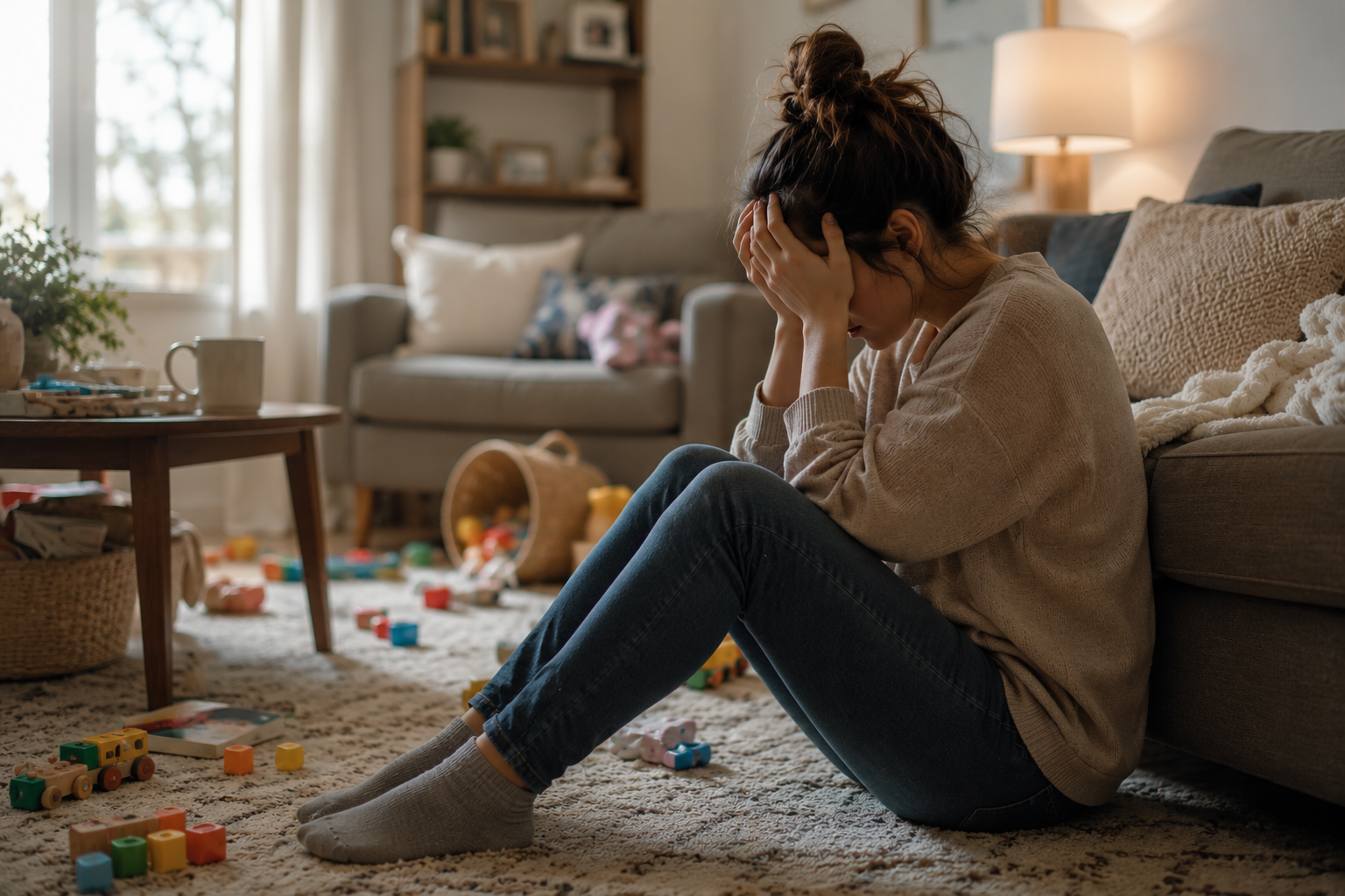 Overwhelmed mom sitting on the living room floor surrounded by children’s toys, reflecting mom guilt, stress, and motherhood overwhelm.