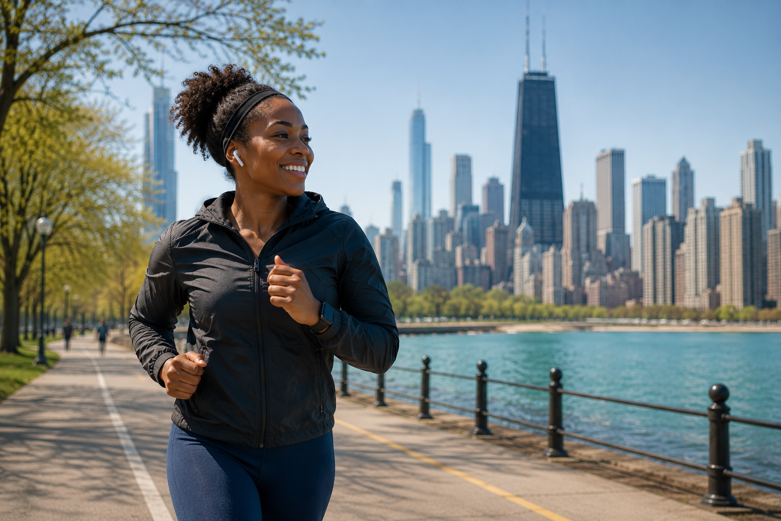 Black mother running along the Chicago lakefront, taking time for herself to recharge outside of motherhood.