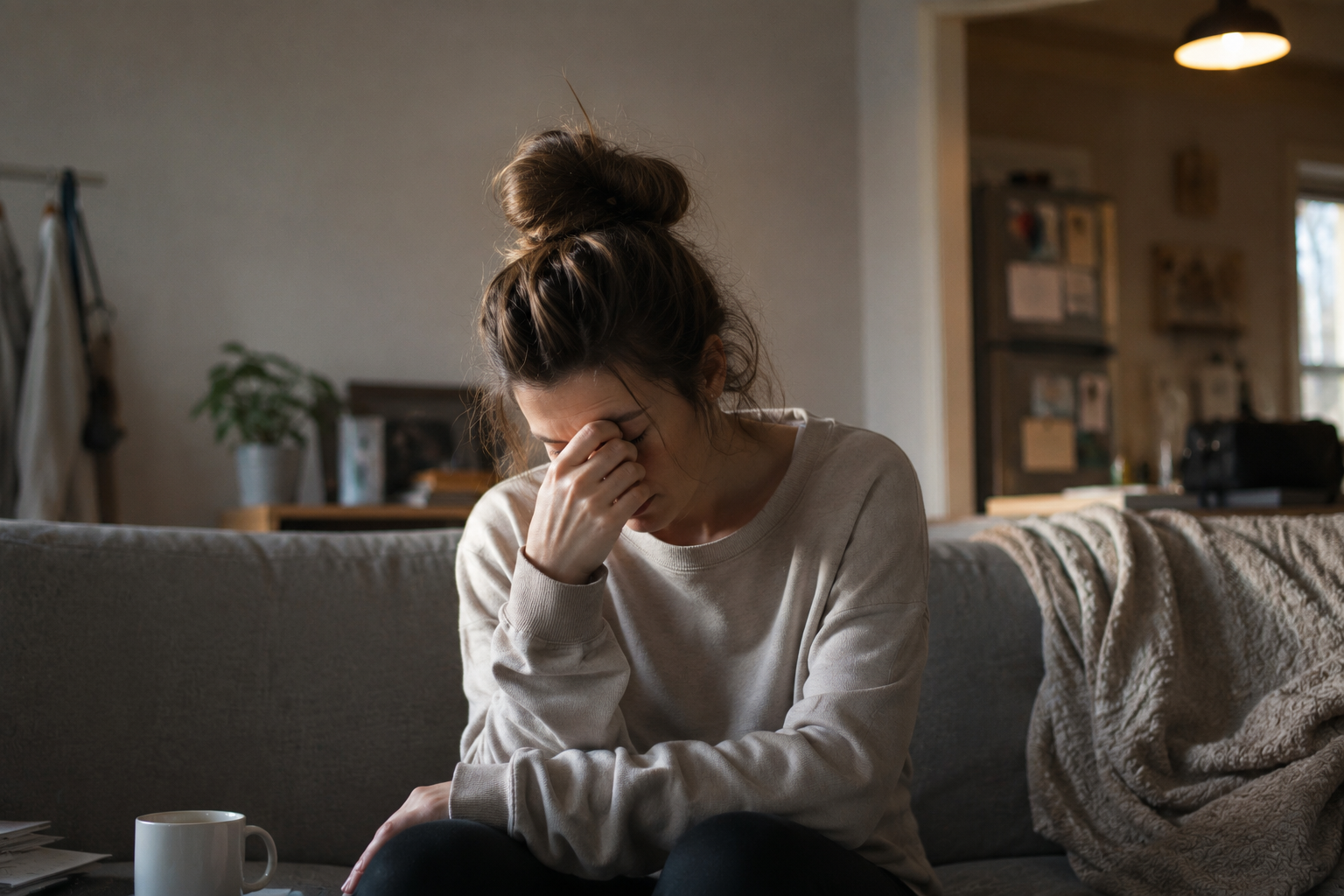 Overwhelmed woman sitting on her couch at home, reflecting the exhaustion and burnout that can come with high-masking neurodivergence in Illinois