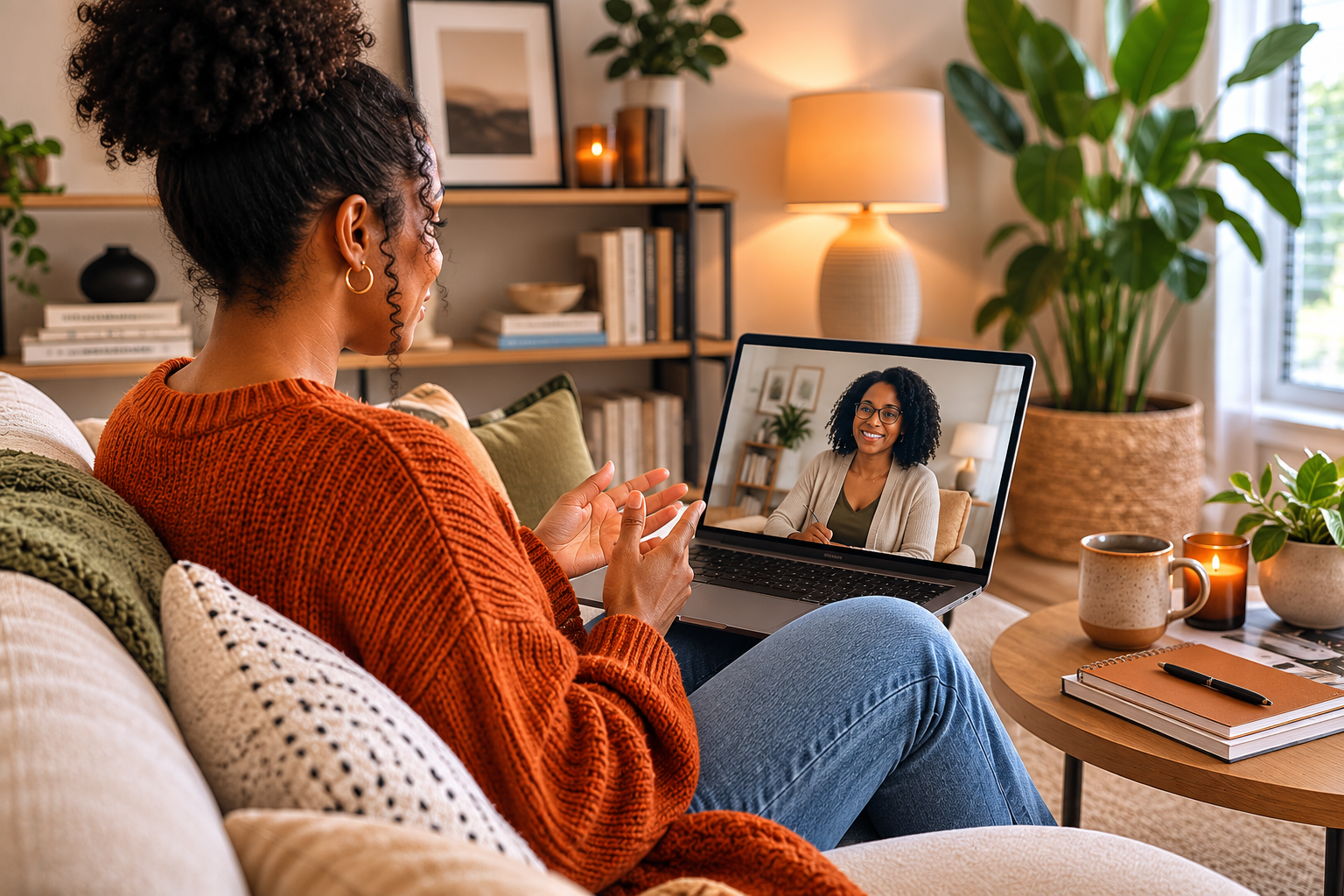 Black woman meeting with a therapist during her online therapy session from home, illustrating what virtual therapy is like and how counseling provides support for anxiety, stress, relationships, and personal growth throughout Illinois.
